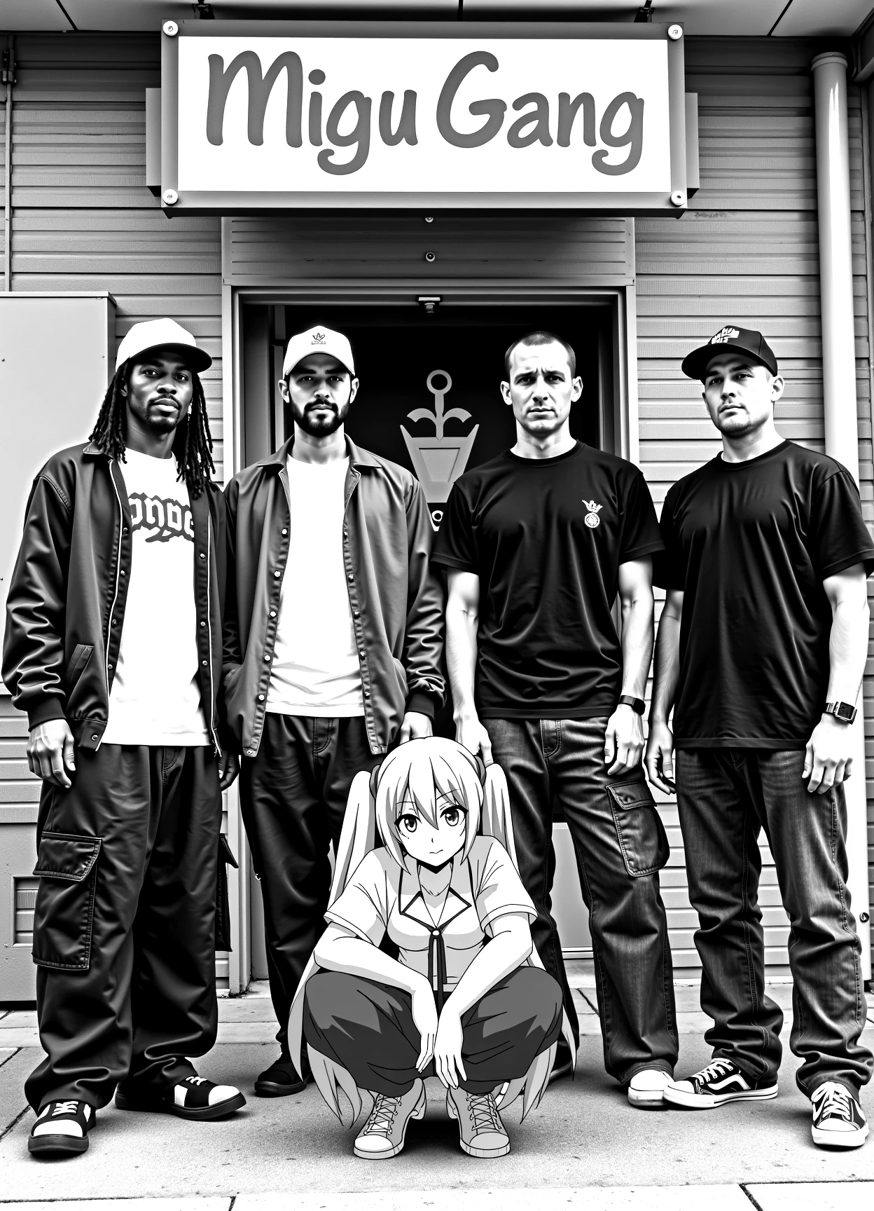 This is a black-and-white photograph featuring five men and a digitally inserted monochrome anime character Hatsune Miku squatting infront of the men, she is wearing a uniform and a skirt. The men are dressed in casual attire typical of the early 2000s, including baggy pants, oversized jackets, and baseball caps. From left to right, the first man has long dreadlocks and wears a dark jacket over a white T-shirt. Next to him, a second man, wearing a white cap and a loose-fitting jacket, has a more casual demeanor. The third man, with a short haircut and a stern expression, wears a black T-shirt. The fourth man, standing slightly behind the third, is also wearing a black T-shirt and has a serious expression. The fifth man, standing slightly behind the fourth, has a more relaxed posture and wears a black baseball cap. 

Above the men hangs a sign with the text "Migu Gang"