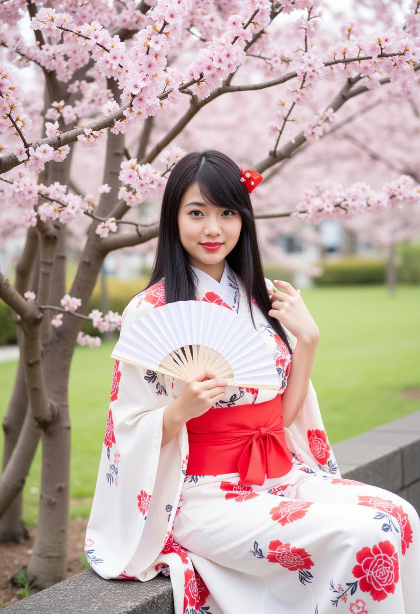 The photograph captures a serene scene of a young woman sitting outdoors, surrounded by blooming cherry blossom trees with soft pink flowers. She is seated on a stone bench, dressed in a traditional Japanese kimono adorned with a white base and intricate red and black floral patterns. The kimono's sleeves are wide and draped elegantly, typical of traditional Japanese attire. She wears a vibrant red obi belt cinching her waist, adding a pop of color to her outfit. APW_Flux, Pleasant:Asian, Straight Hair, Silky Smooth Hair, Kimono_&_Robe, Kimono. Japanese clothes, hand fan, black hair, sitting, hair ornament, cherry blossoms, tree, flower, realistic