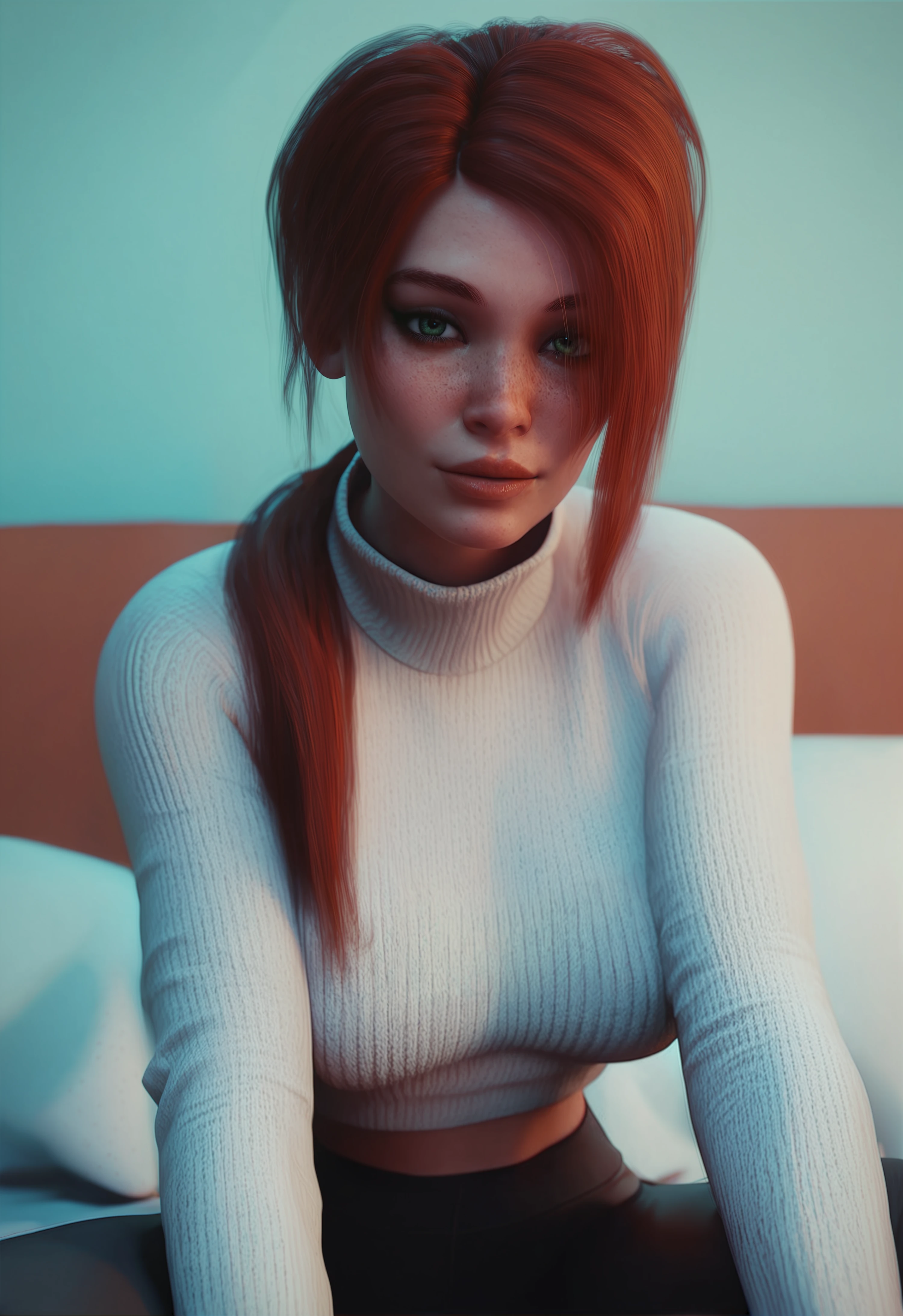 score_9, score_8_up, score_7_up, score_6_up,  (very aesthetic, girl, face focus, in a tracksuit, yoga pants, looking at viewer, sitting on the bed), freckles, a woman with red hair, red hair, SageDikk 