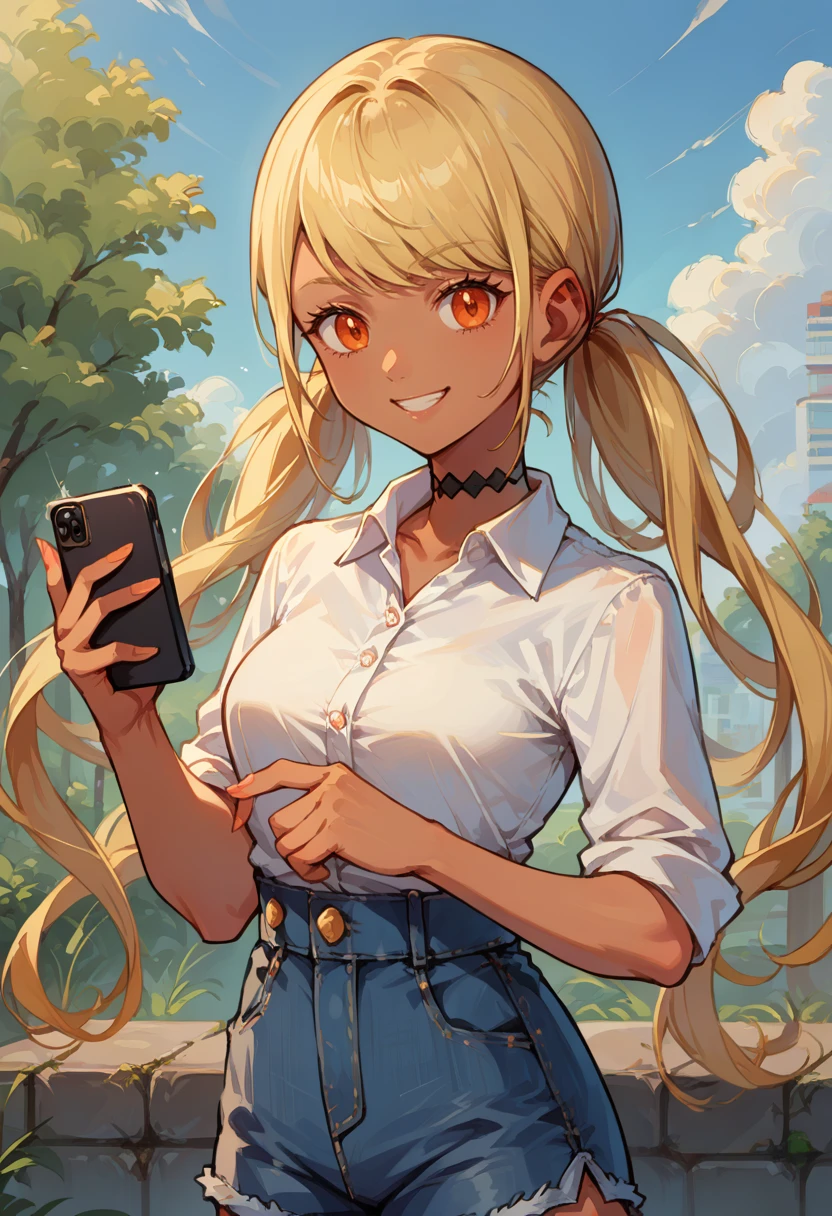 score_9, score_8_up, source_anime, 1girl, solo, KaminariQpi, orange eyes, dark skin, blonde hair, long hair, swept bangs, low twintails, white shirt, dress shirt, black choker, holding cellphone, denim shorts, high-waist shorts, outdoors, smile, <lora:ChamKaminariQpiPonyXL:1>