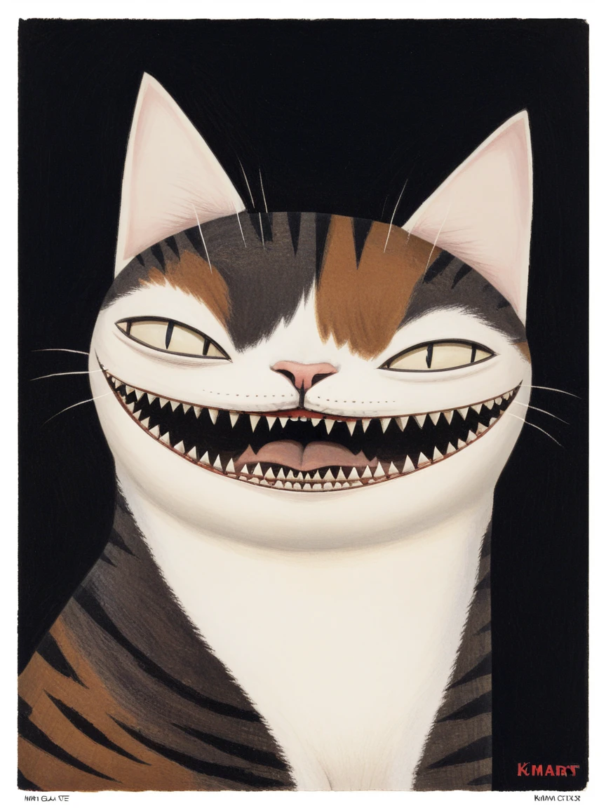 <lora:kimslateSDXL:0.8> kimslate, no humans, kimart, animal focus, sharp teeth, cat, white border, traditional media,