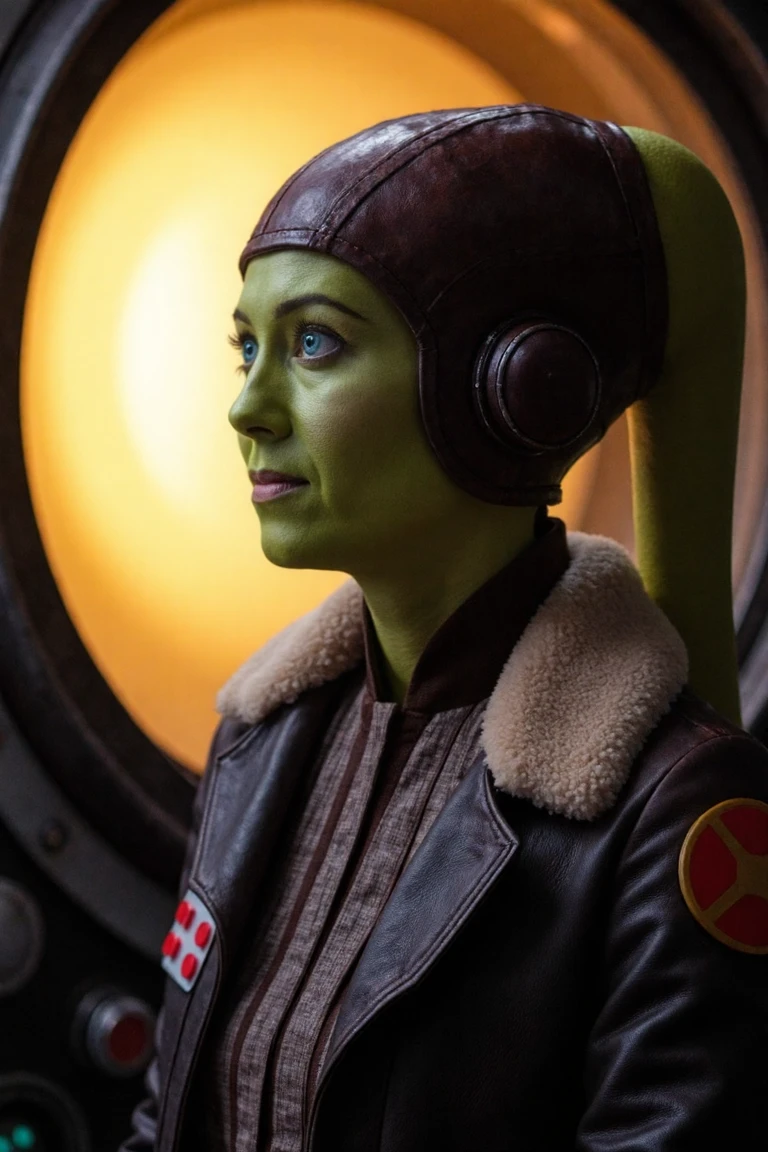 Hera_Syndulla face illuminated by the glow of a successful fusion reaction, eyes wide with triumph, wearing a suit that regulates exposure to intense energy; behind them, the first fusion-powered starship core comes to life.,  . color photograph.