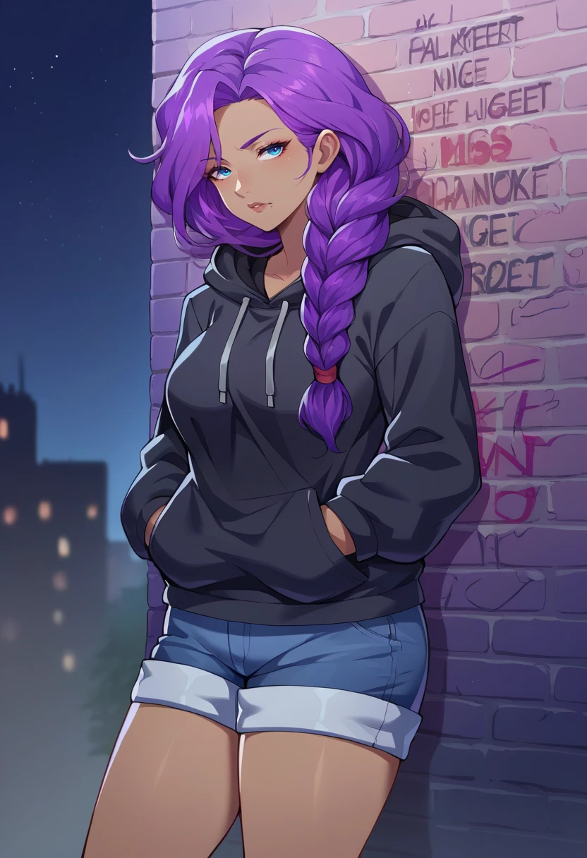 score_9, score_8_up, source_anime, 1girl, solo, ChaMmVT, mature female, blue eyes, mole under mouth, purple hair, long hair, braided ponytail, hair over shoulder, dark skin, black hoodie, hood down, hands in pockets, shorts, night, street, against wall, graffiti, solo, <lora:ChamChaChaPonyXL:1>