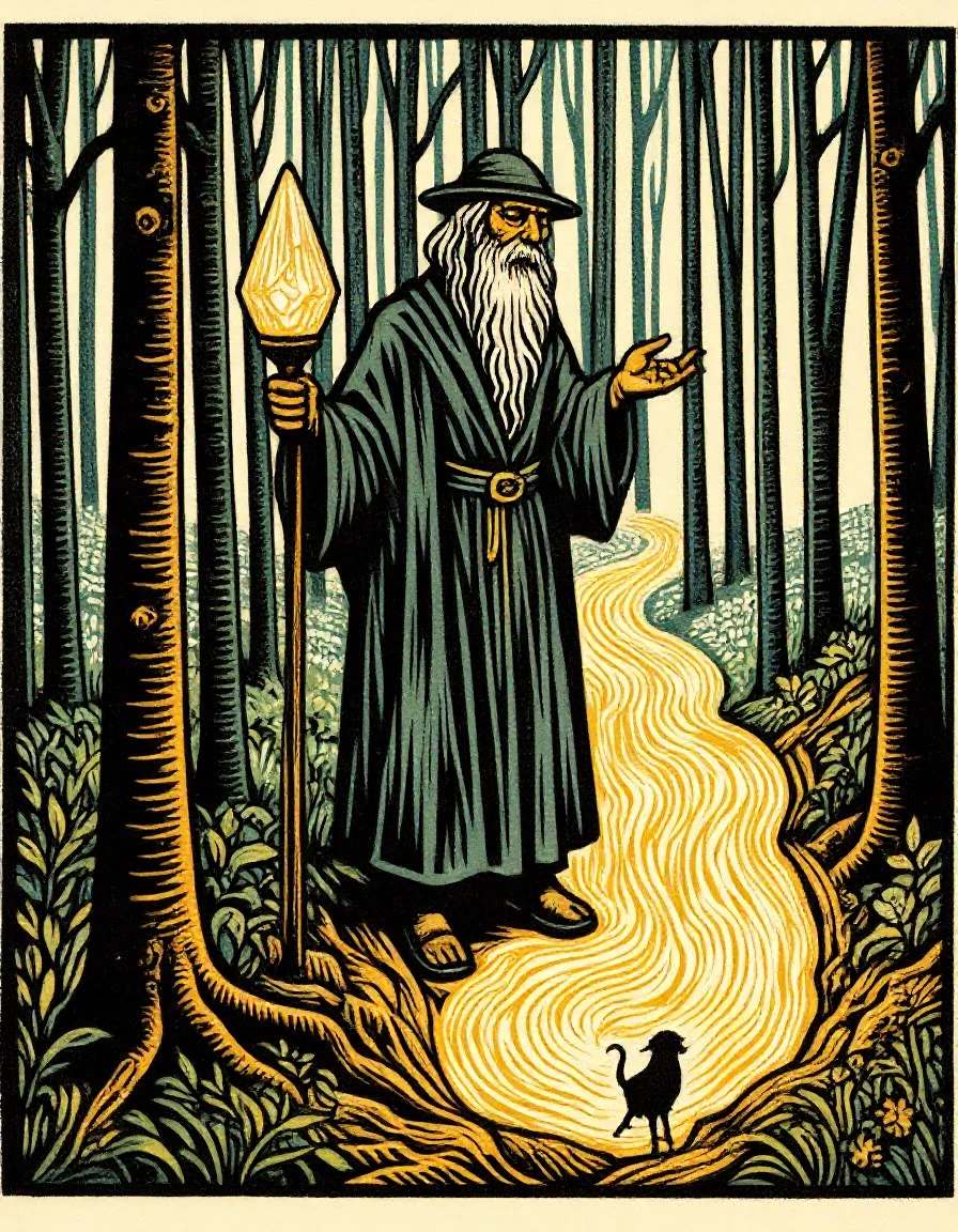 Woodblock print portrait of a wizard in a forest clearing holding his crystal-topped staff aloft casting magic summoning a portal, glowing magic trails