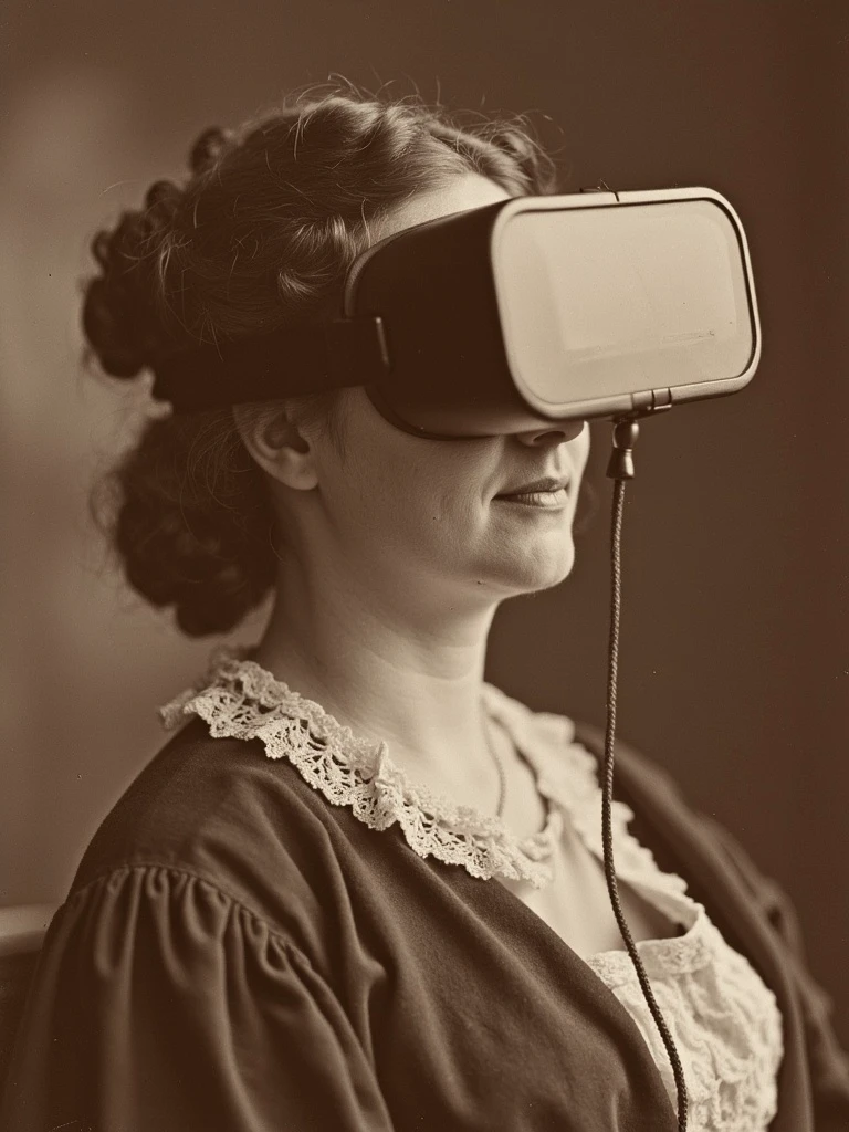 a woman wearing a virtual reality headset, photograph in the style of VCTRN, vintage Victorian era photograph