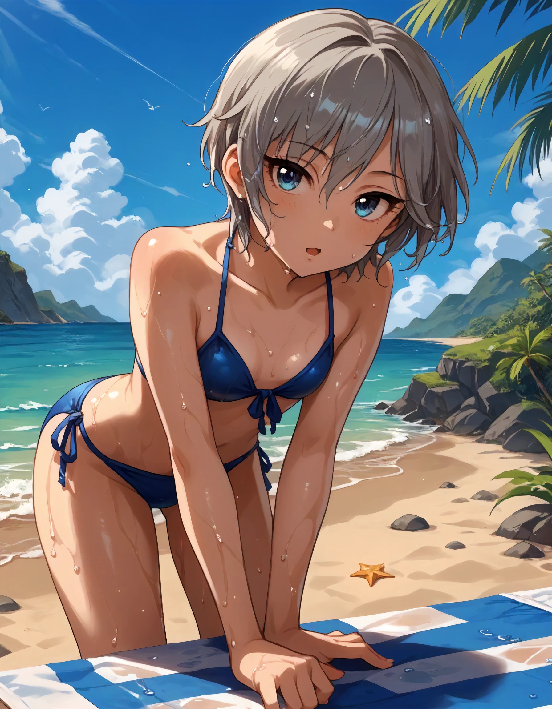 score_9,score_8_up,score_7_up,1girl,solo,looking at viewer,leaning forward,wonder,:o,open mouth,blue sky,beach,wet,
<lora:anastasia_ponyXLV6:0.8>,cganya,
grey hair,short hair,blue eyes,small breasts,
blue bikini