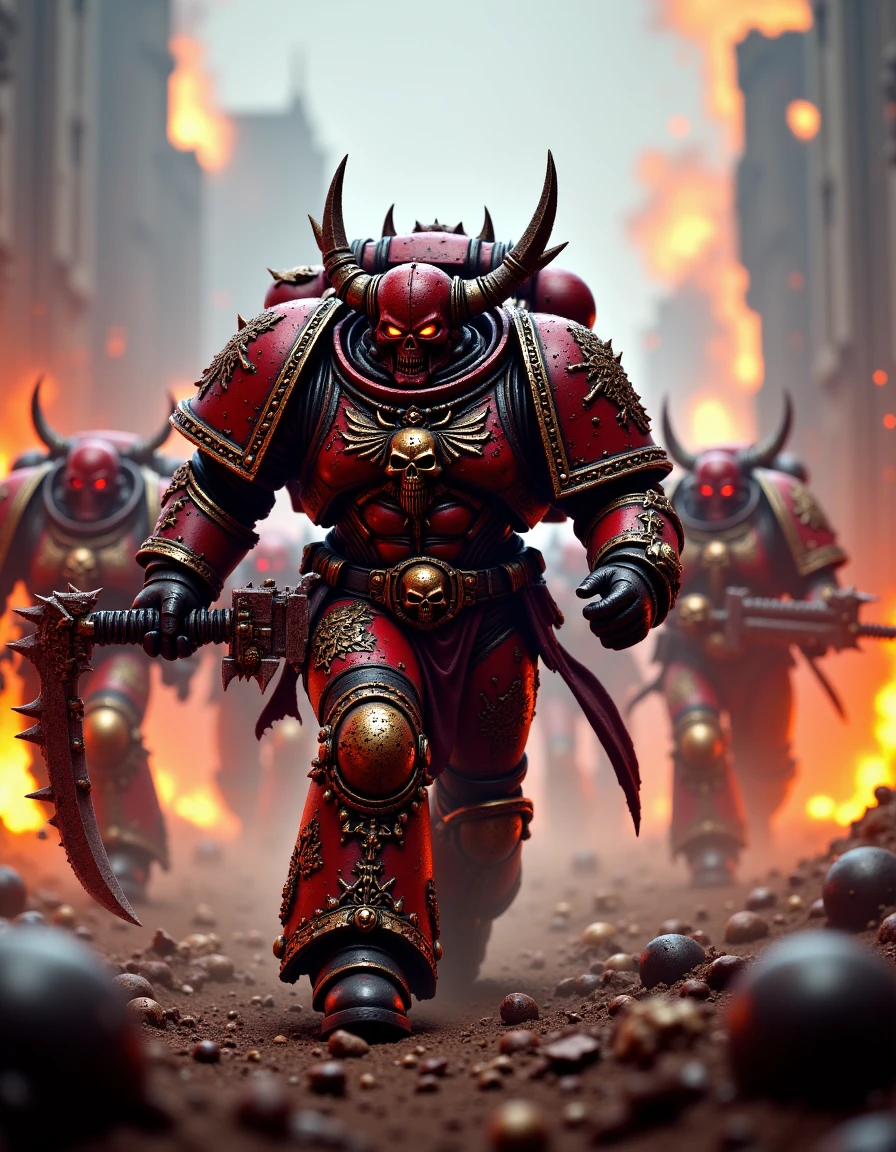 Depict a Khorne Berzerker leading a charge, surrounded by other Chaos Space Marines. His red and bronze armor glows with the fires of war, covered in spikes, skulls, and the symbol of Khorne. His chainaxe roars as it cleaves through enemies, while explosions and crumbling buildings surround the battlefield.