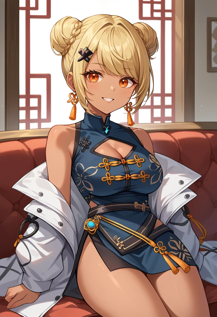 score_9, score_8_up, source_anime, 1girl, solo, QpiChn, orange eyes, dark skin, blonde hair, swept bangs, double bun, hair ornament, tassel earrings, blue dress, china dress, hip vent, high collar, cleavage cutout, shoulder cutout, black belt, white jacket, off-shoulder jacket, indoors, sitting, on couch, smile, <lora:ChamKaminariQpiPonyXL:1>