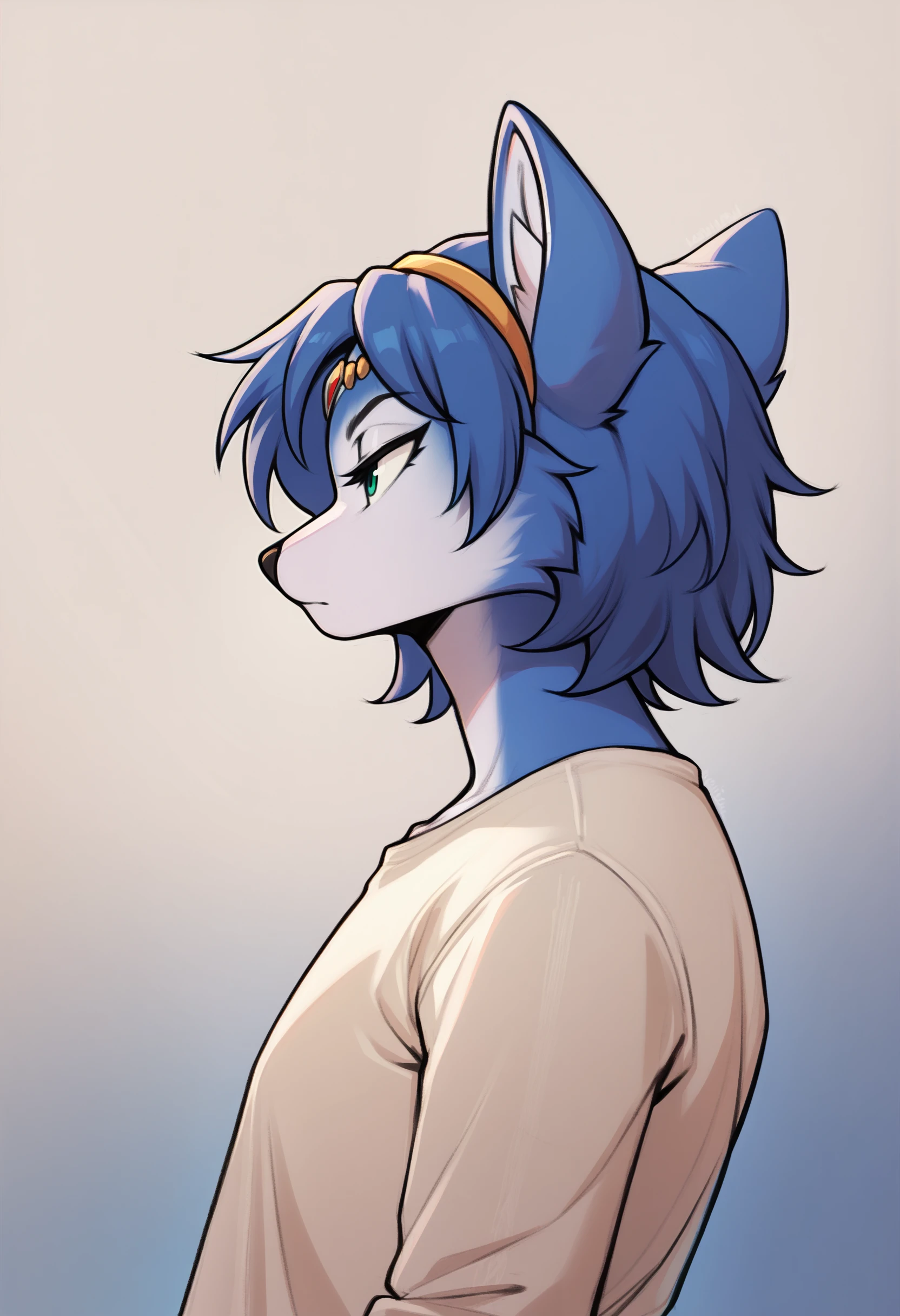 score_9, score_7_up, <lora:oro97-guy-PONY-DORAv1:1>, simple background, furry, 1girl, solo, krystal, looking to the side, gradient background, portrait, shirt, long sleeves