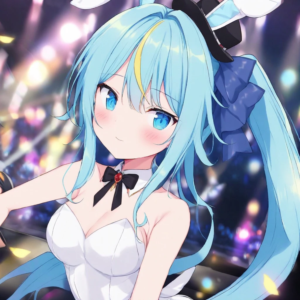 clara, blue eyes, blue hair, bangs, blush, multicolored hair, yellow strand of hair,  long hair, solo,virtual youtuber, playboy bunny, ponytail, tiny black hat, hair bow,  eye focus, white dress, nightclub, anime drawing, 
 <lora:CLARA-XL-t6:0.6>