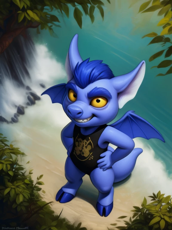 <lora:ImpShRaCartoonIIYiF:1> ImpShRaCartoonII, imp, (chibi, small body,) black T-shirt,,  Mohawk,  blue skin, Small wings, Small Tail, Yellow sclera, black eyes, hooves,  
Looks at the viewer, [ solo, nature, forest, day, clouds, waterfall,] grin, ((Hands on hips, standing, high-angle view,))
(beautiful, aesthetic, perfect, delicate, intricate, saturated colors), masterpiece, digital drawing, best quality,
by ulitochka, by taran fiddler, by Silverfox5213, by personalami,