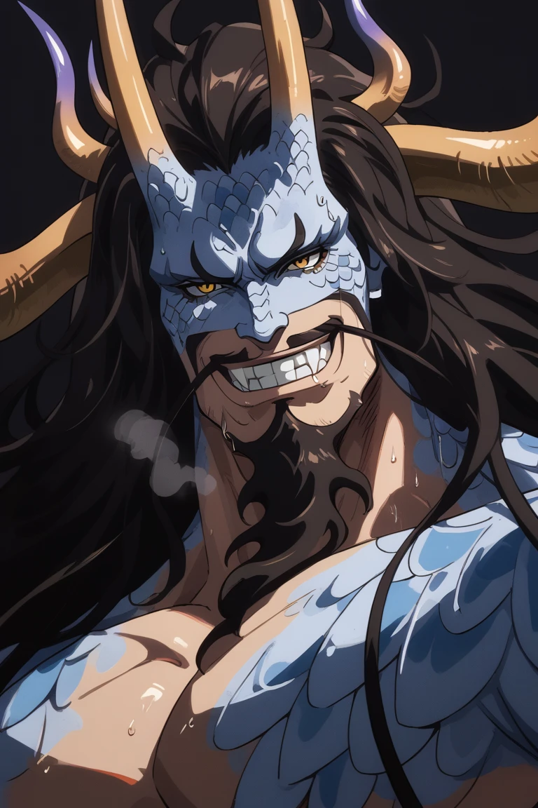 score_9, score_8_up, score_7_up, source_anime, rating_safe, portrait, KHaidoOP, brown-blue_KHaido_horns, yellow eyes, black_KHaido_facial hair, light blue_KHaido_scales, black_KHaido_long hair, sweating, panting, heavy breathing, smirking, intricately detailed illustration, sweatdrop, looking down at viewer, plain black background, from below, dutch angle