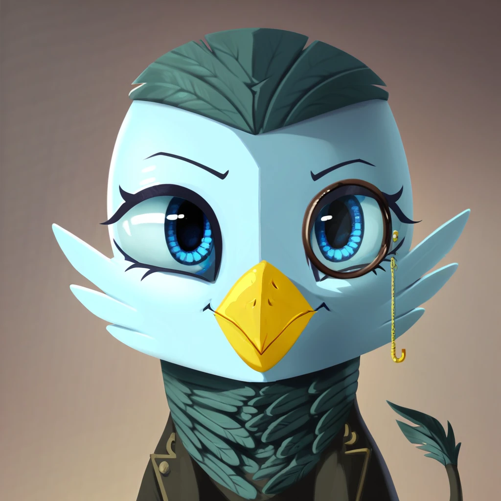 masterpiece, score_9_up, score_8_up, score_7_up, score_6_up, (best quality:1.1), ultra-detailed, high resolution, solo, Genevieve Guildedwing, griffon, mlp, avian, feral, female, thin eyebrows, blue eyes, long eyelashes, yellow beak, smile, bright feathers, feathery ears, wings, tail, cute, monocle, upper body, portrait, expressiveh, simple background, highly visible, sharp focus, anatomically correct