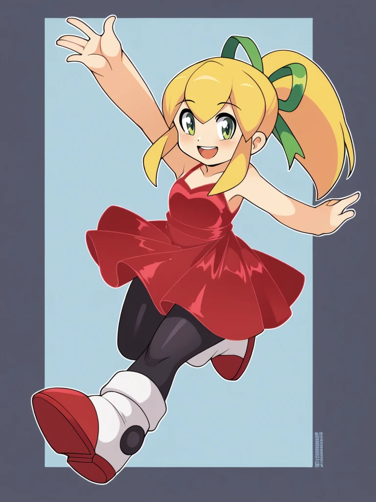 score_9, score_8_up, score_7_up, score_6_up, 1girl, solo, flat color,
 <lora:NicoNeko_v2:1> ncnk, roll \(mega man\), blonde hair, green eyes, red dress, boots, green ribbon, ponytail, black leggings, silk, shiny hair, happy, looking at viewer, close-up, standing on one leg, arm up, hand up, blush, upper teeth only, open mouth, smiling, +++, petite, child,