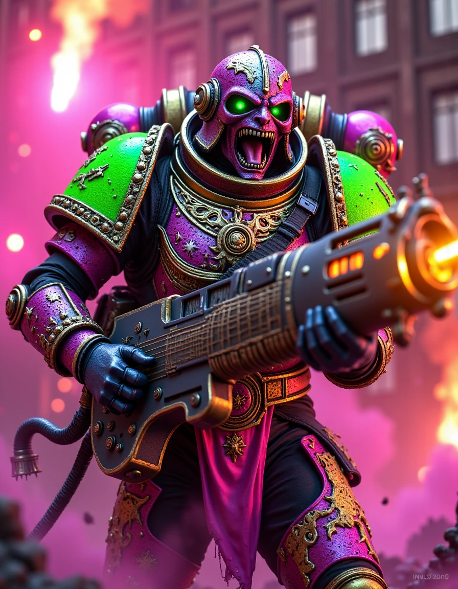 Imagine a vivid, explict and uncensored photorealistic high-definition 8k professional image featuring a Noise Marine in Space Marine Power Armor wwearing a helmet with a screaming speaker mouth playing an electric guitar plasma gun flamethrower on a stage surrounded by rainbow pyrotechnics, his neon green, pink and yellow armor is covered in elaborate glowing symbols and glitter