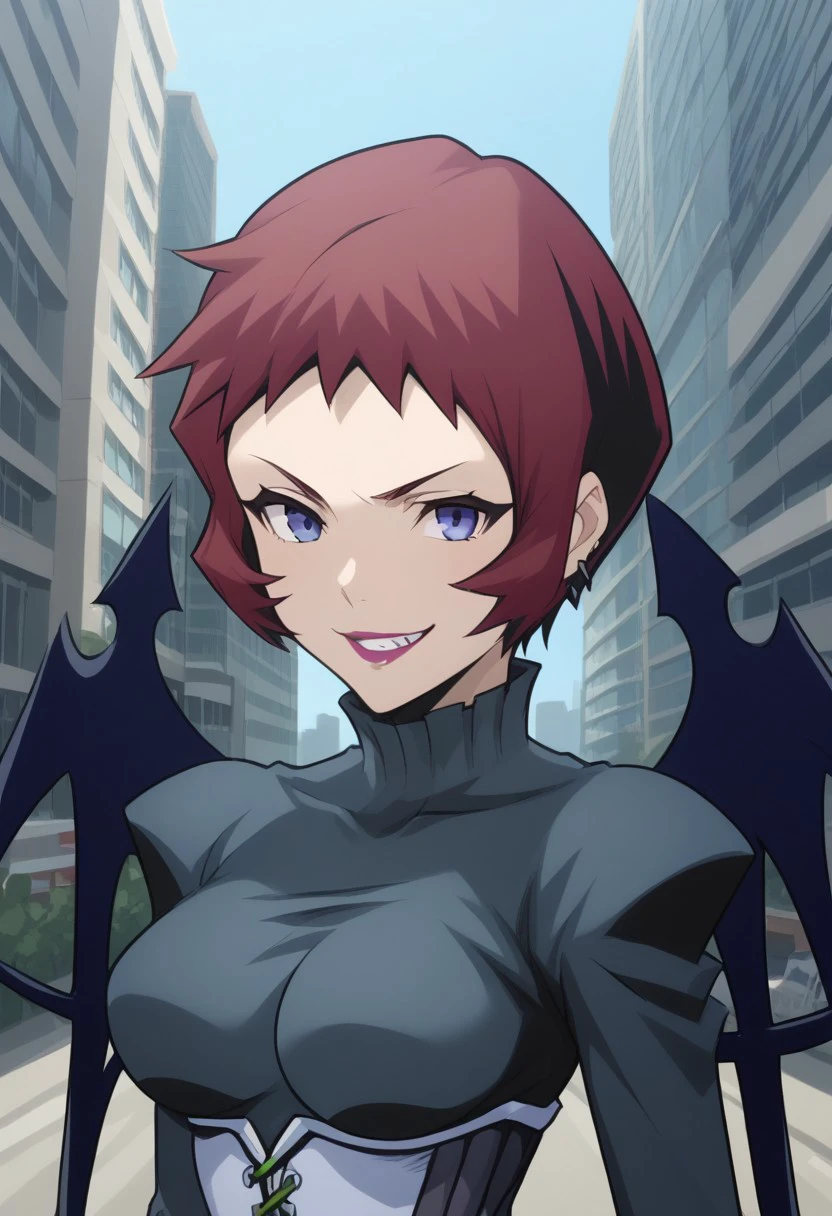 score_9, score_8_up, score_7_up, source_anime, highly detailed, 
uzuki, 1girl, solo, short hair, wings, black wings, blue eyes, lipstick, gloves, red hair, makeup, breasts, purple eyes, grey shirt, earrings, smirk, teeth,
outdoor, street, building, sky,