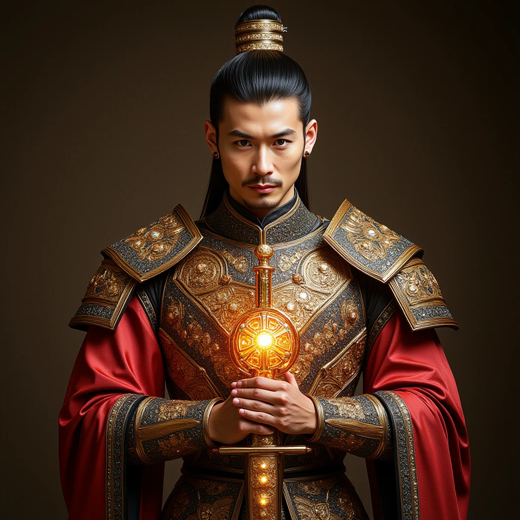 mechartdeco,a handsome chinese man wearing ancient armor and holding golden sword