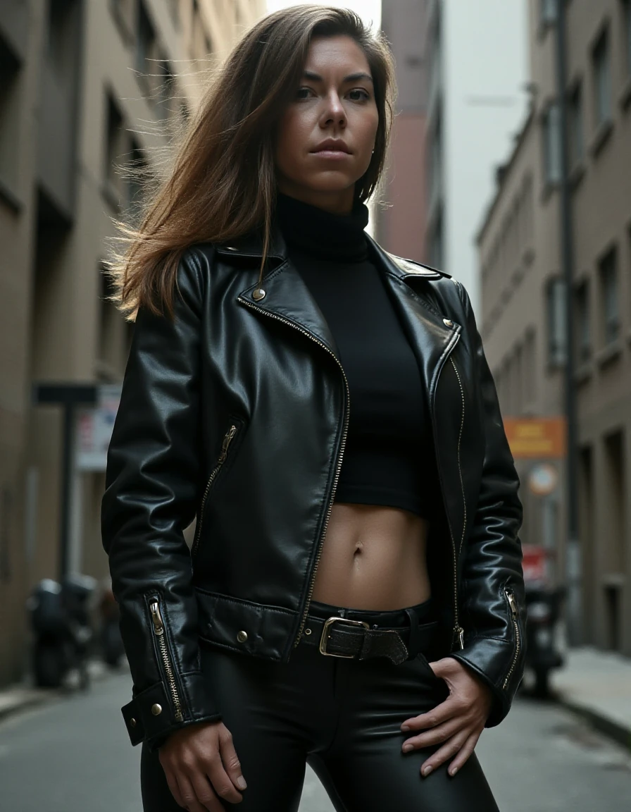 In the gritty urban scene stands the Bikerâa rebellious spirit, a bold emblem of her individuality. Her physique, a blend of strength and femininity, exudes an alluring mystique. Draped in leather,  turtleneck shirt, she embraces a bad girl aesthetic with effortless style
 <lora:Katee_owen_Kateelife:1>