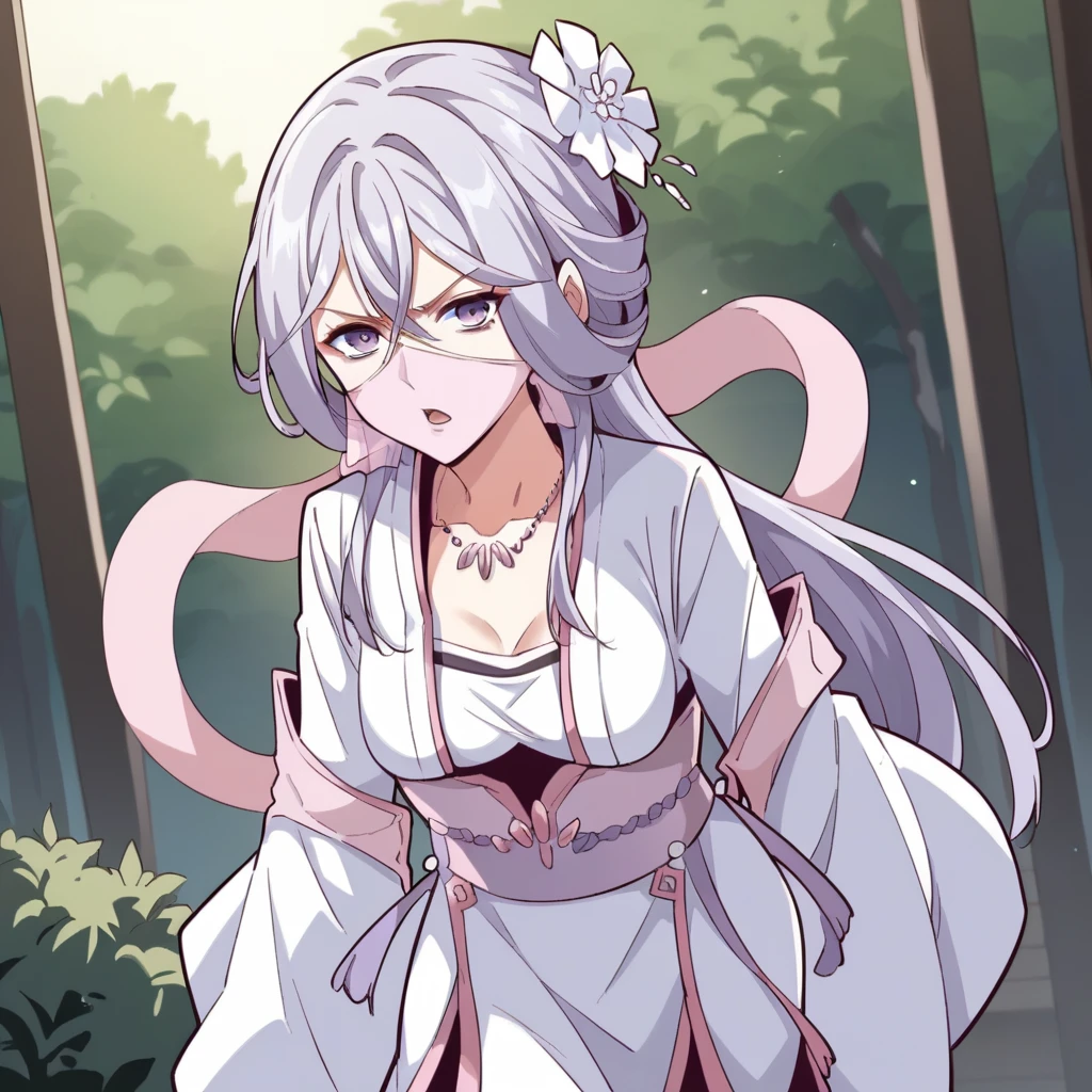 score_9_up, score_8_up, score_7_up, masterpiece, best quality, 1girl, solo, ChuQing, sun light, bushes, shrine, trees,  standing, crossed arms, leaning forward, annoyed, half-opened mouth, looking at you, face focus, purple hair, long hair, purple eyes, hair between eyes, face veil, mouth veil, see-through, hanfu, chinese clothes, purple sash, underbust, shawl, white flower, hair flower, long sleeves, wide sleeves, white sleeves, jewelry, long skirt, necklace, mature body, dynamic cowboy shot, outdoors, Chinese Garden background