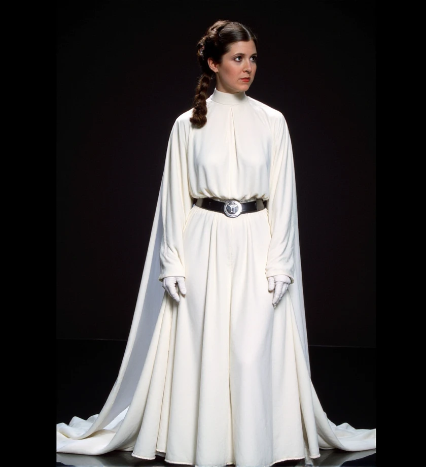 <lora:princess-leia-flux-p3r1n:1> p3r1n, star wars background, white dress