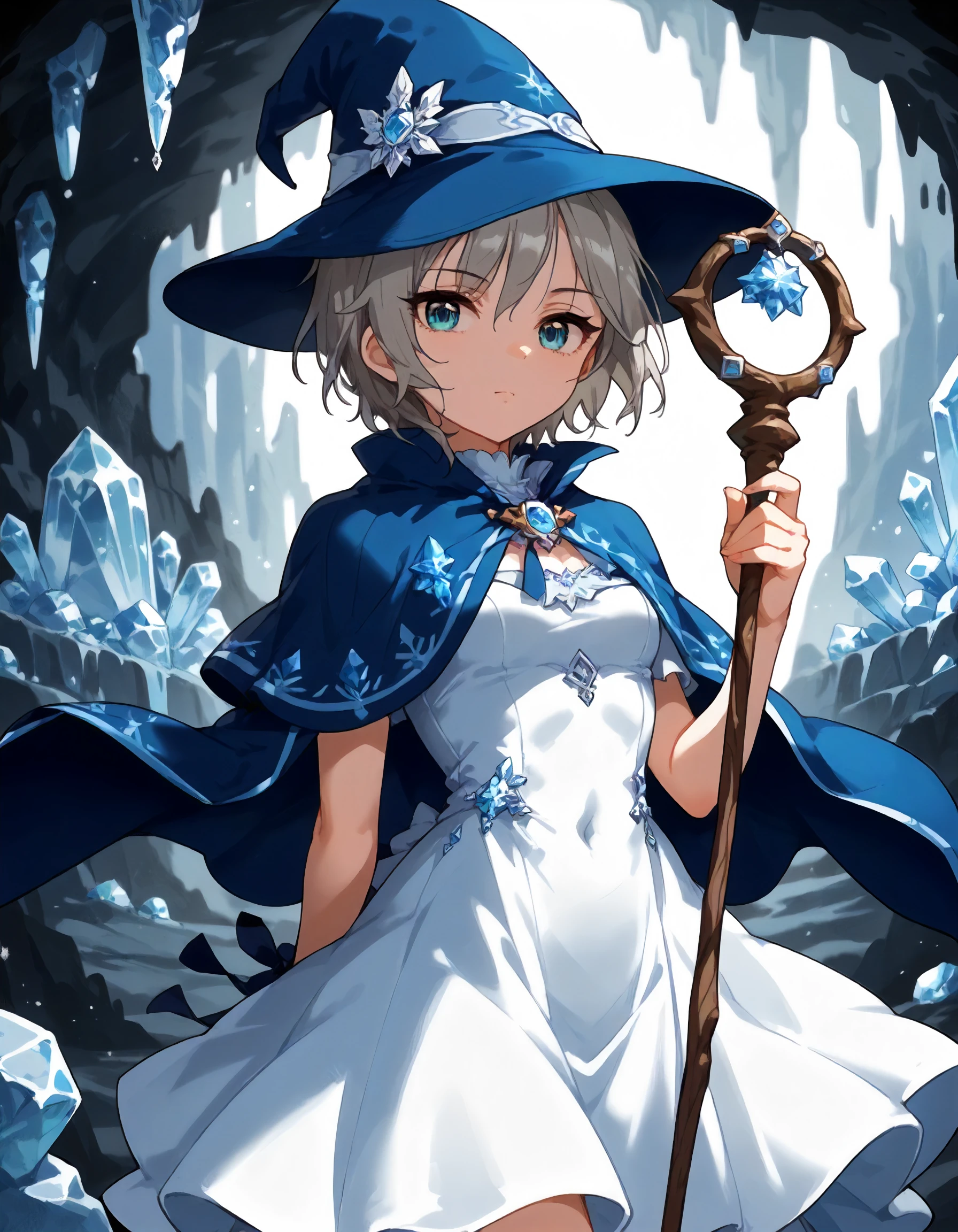 score_9,score_8_up,score_7_up,1girl,solo,looking at viewer,clear face,ice cave,holding mage staff,arm behind back,
<lora:anastasia_ponyXLV6:0.8>,cganya,
grey hair,short hair,blue eyes,small breasts,
wizard hat,white dress,capelet