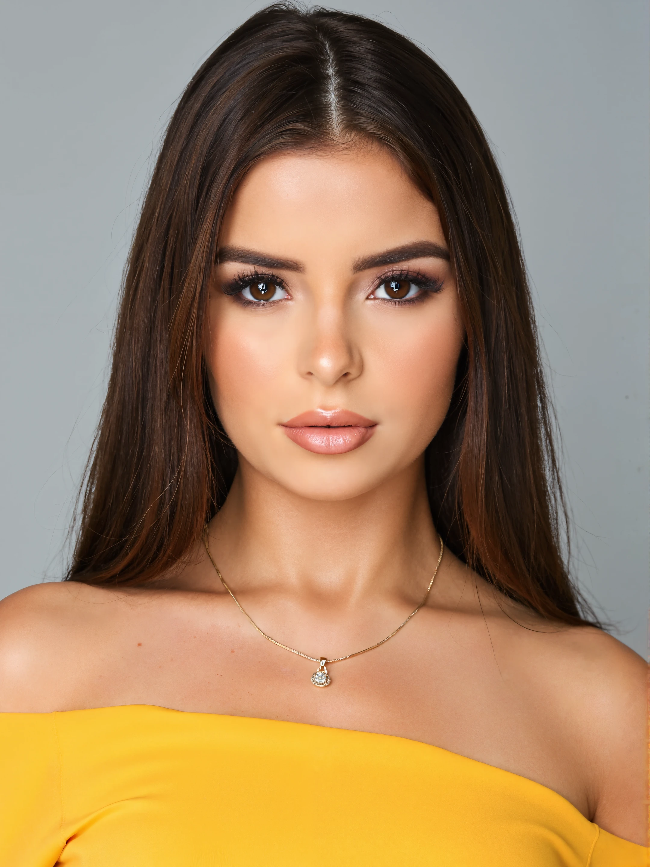 high quality professional photo, closeup portrait of a brunette woman in front of a simple light grey background.
She is wearing a yellow off shoulder blouse and a gold necklace.
She has long and straight hair. Heavy makeup and big glossy pink lips.
The photo is taken with a flash and is very crisp and high in clarity.

