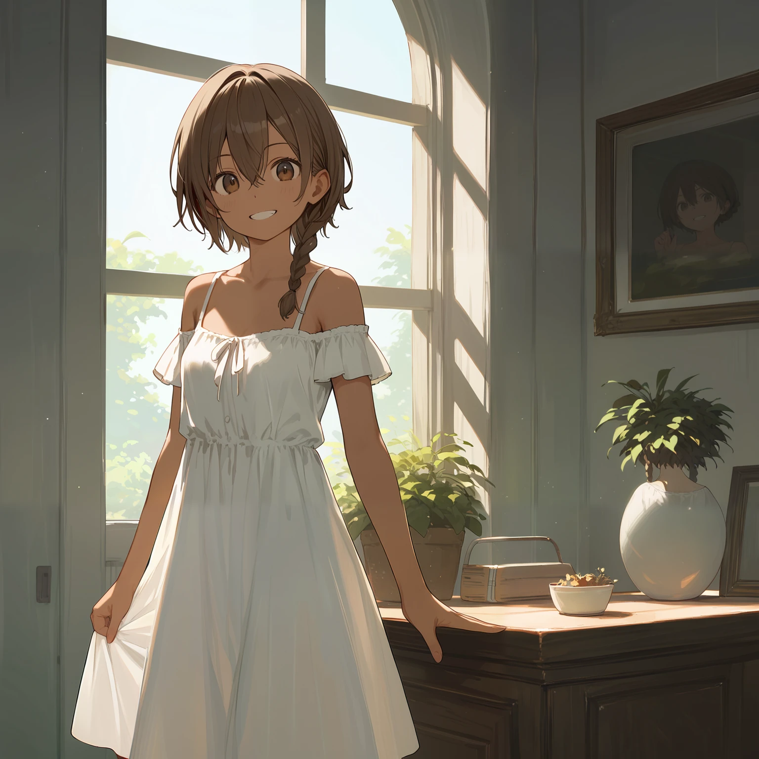 score_9, score_8_up, score_7_up, best quality,
source_anime,
rating_safe,

best_quality, incredibly_absurdres,
indoors,

(solo, 1girl:1.05), brown_skin,

brown_hair,
hair_between_eyes,
long hair, (side_braid:1.1),

brown_eyes, looking_at_viewer,

small_breasts,
(grin:0.75),
off_shoulder sundress,
