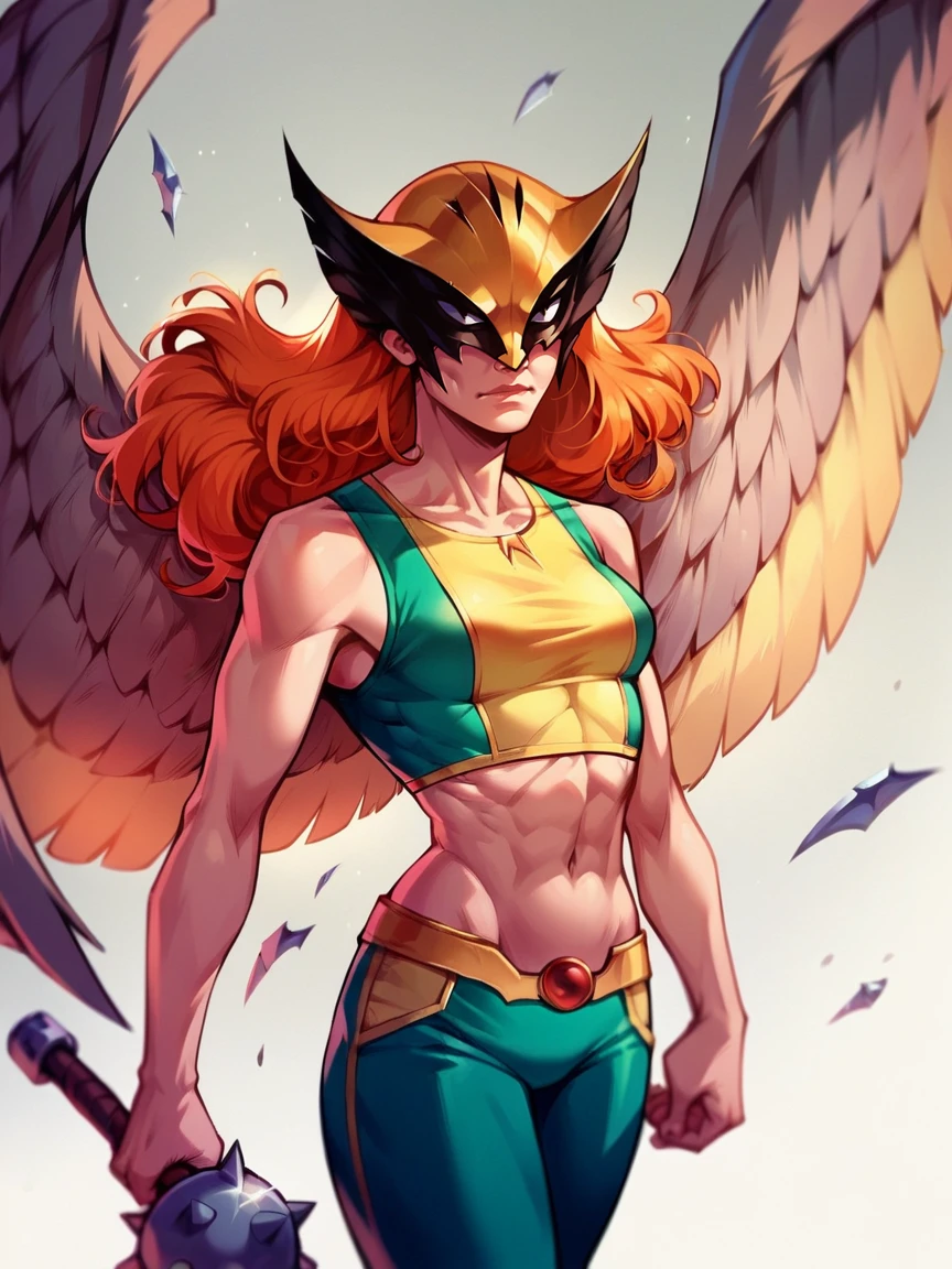 score_9, score_8_up, score_7_up, score_6_up, score_5_up,  <lora:HawkgirlXLP:1> hawkgirl, 1girl, solo, wings, weapon, long hair, mask, orange hair, midriff,