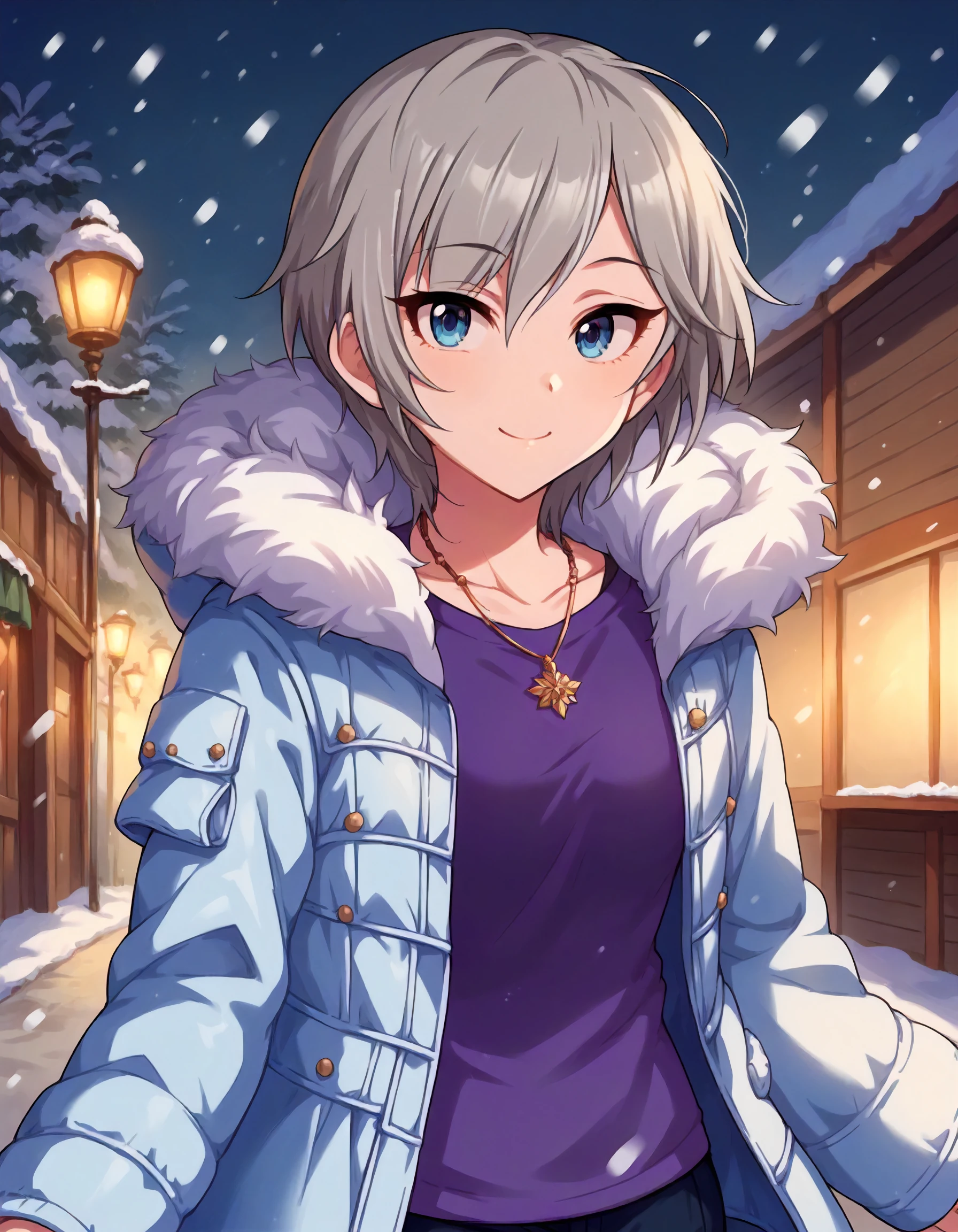 score_9,score_8_up,score_7_up,1girl,solo,cowboy shot,looking at viewer,smile,outdoors,snowing,
<lora:anastasia_ponyXLV6:0.8>,cganya,
grey hair,short hair,blue eyes,
(necklace:1.1),parka,winter coat,fur-trimmed jacket,open jacket,purple shirt