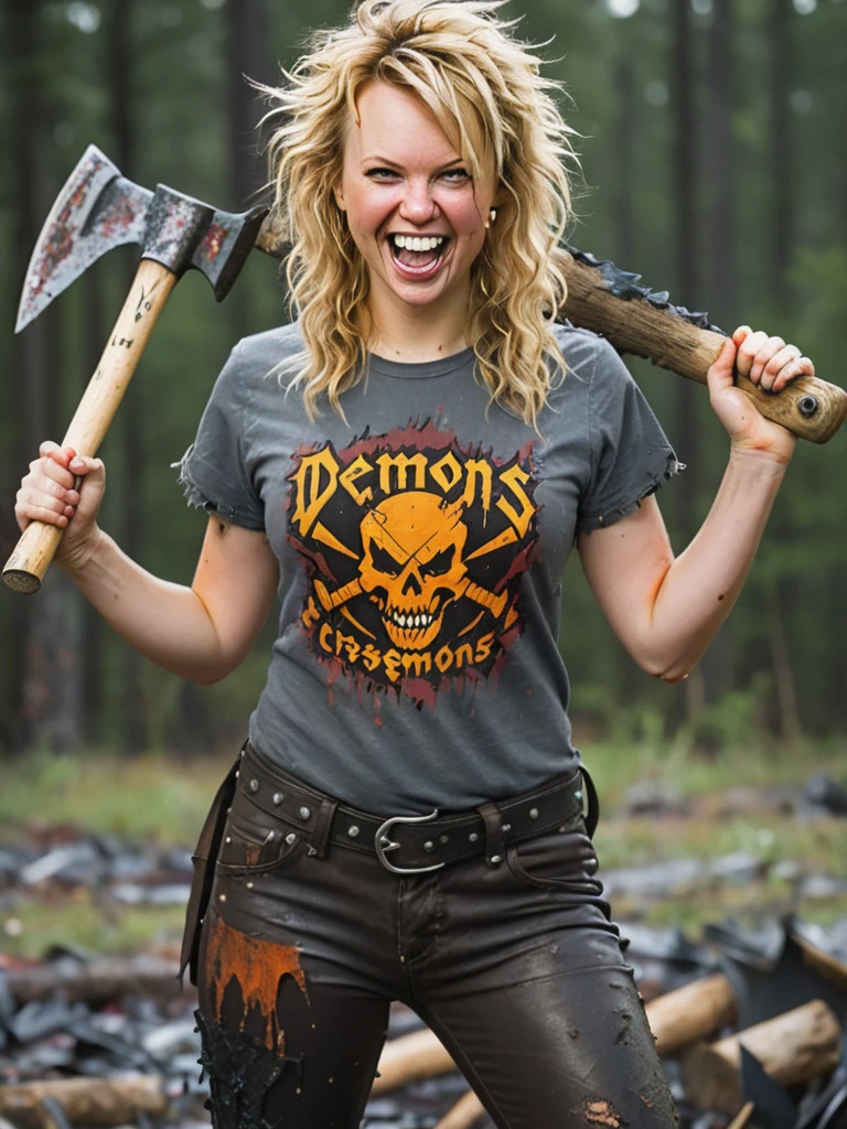 a professional absurdres sharp focus intricately detailed photograph of 
 (Kimberly_Crossman:1.1) with a warm smile and messy hair, 
holding an axe,
wearing a heavy metal t-shirt and leather pants 
trying to save the world from the demons that heckin' Brodie unleashed
<lora:Kimberly_Crossman-SDXLe14:0.8>