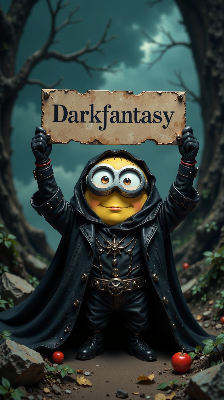 dark fantasy, eerie, horror, a minion , masterpiece,(holding up a sign with the word "Darkfantasy":1.8), epic background, positive emotional,, <lora:Flux Darkfantasy_epoch_1:1>,