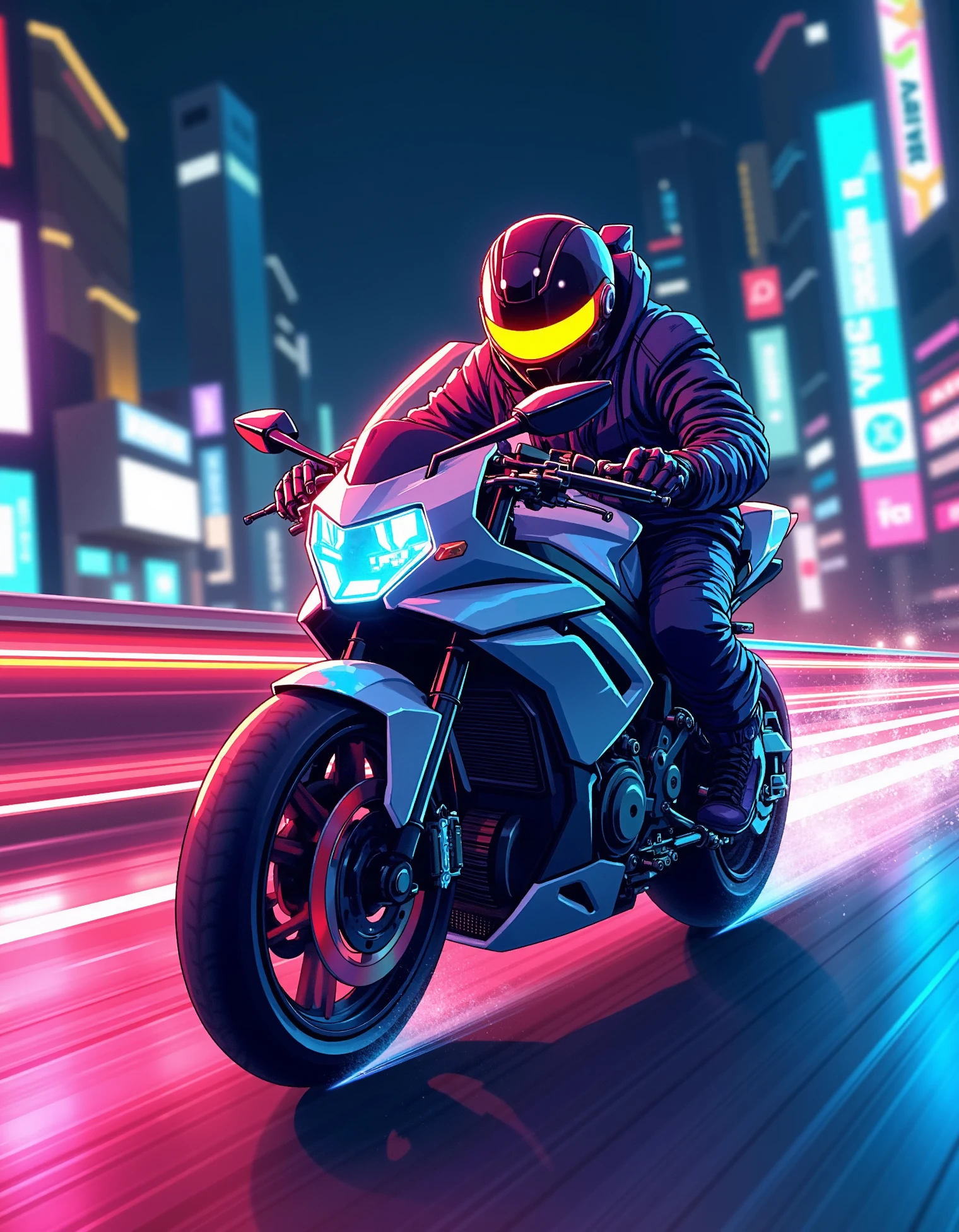 zavy-dgrnnrs, Colorful anime drawing of a cyberpunk bounty hunter riding a futuristic motorcycle, speeding through a neon-lit highway at night, wearing a high-tech helmet with a glowing visor, as city lights blur in the background