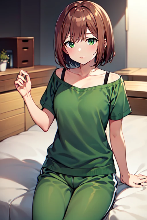 <lora:BearAceMaidR4:0.7>, BearAceMaidR4, 
1girl, brown hair, green eyes, short hair, pijama, bed