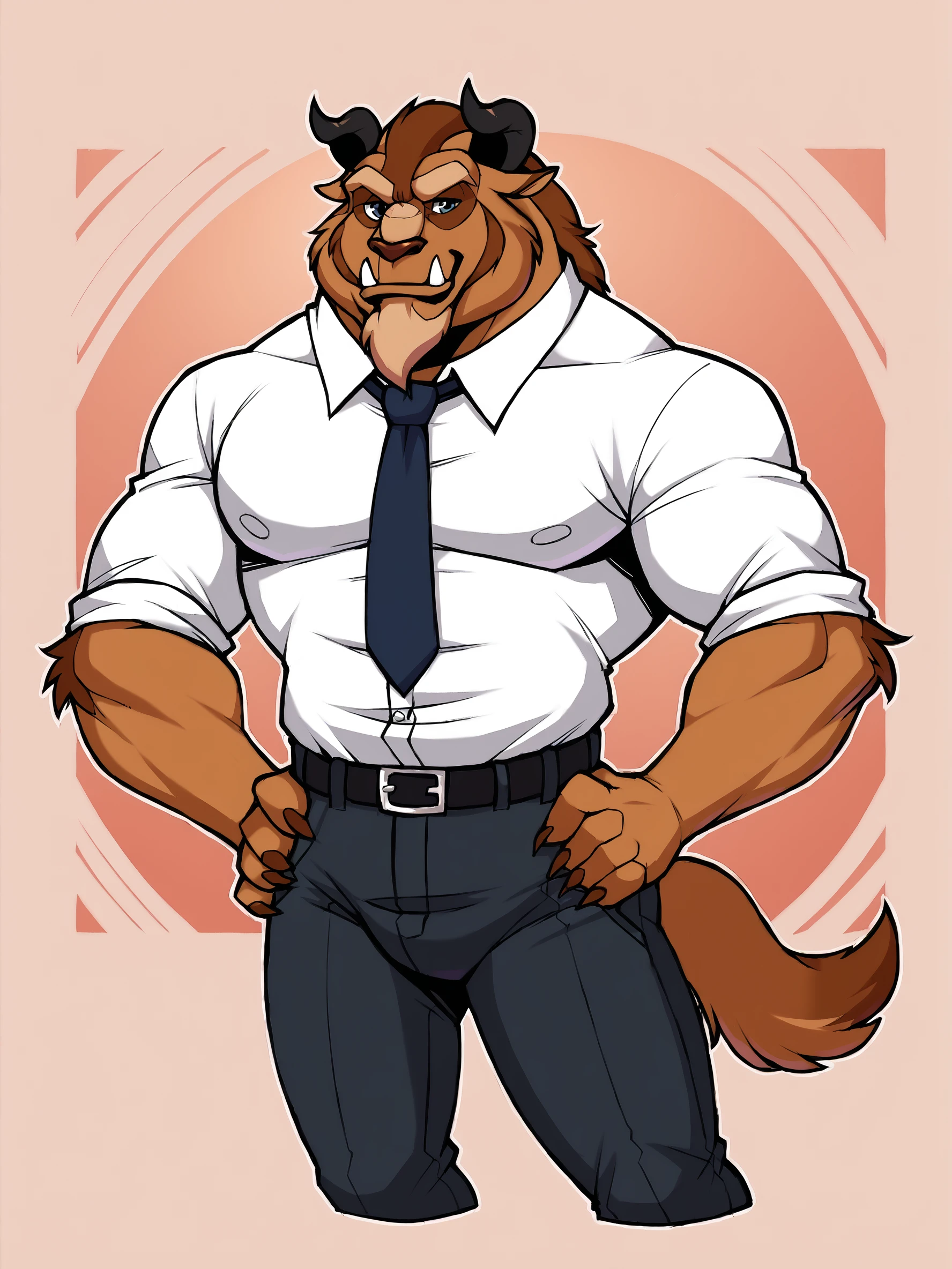 score_9, score_8up, score_7up, score_6up, score_5up, score_4up, source_furry, rating_questionable, BREAK
abstract background, BREAK
mature male, furry, dizbeast, brown body, horns, fangs, BREAK
white dress shirt, necktie, black pants, BREAK
<lora:Disneys_Beast_PDXL:1>