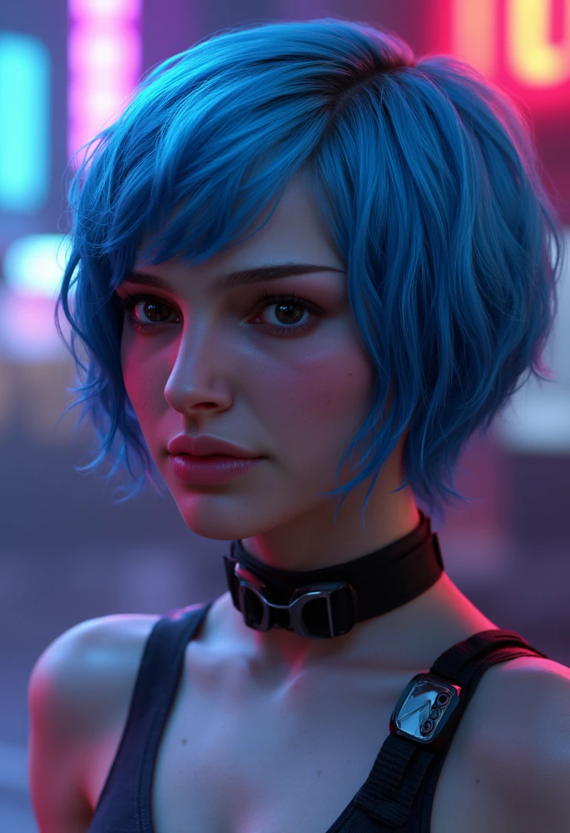 a 3d rendered image of natalie portman in the style of 'cyberpunk 2077', she has a sleek blue bobcut and wears a black choker