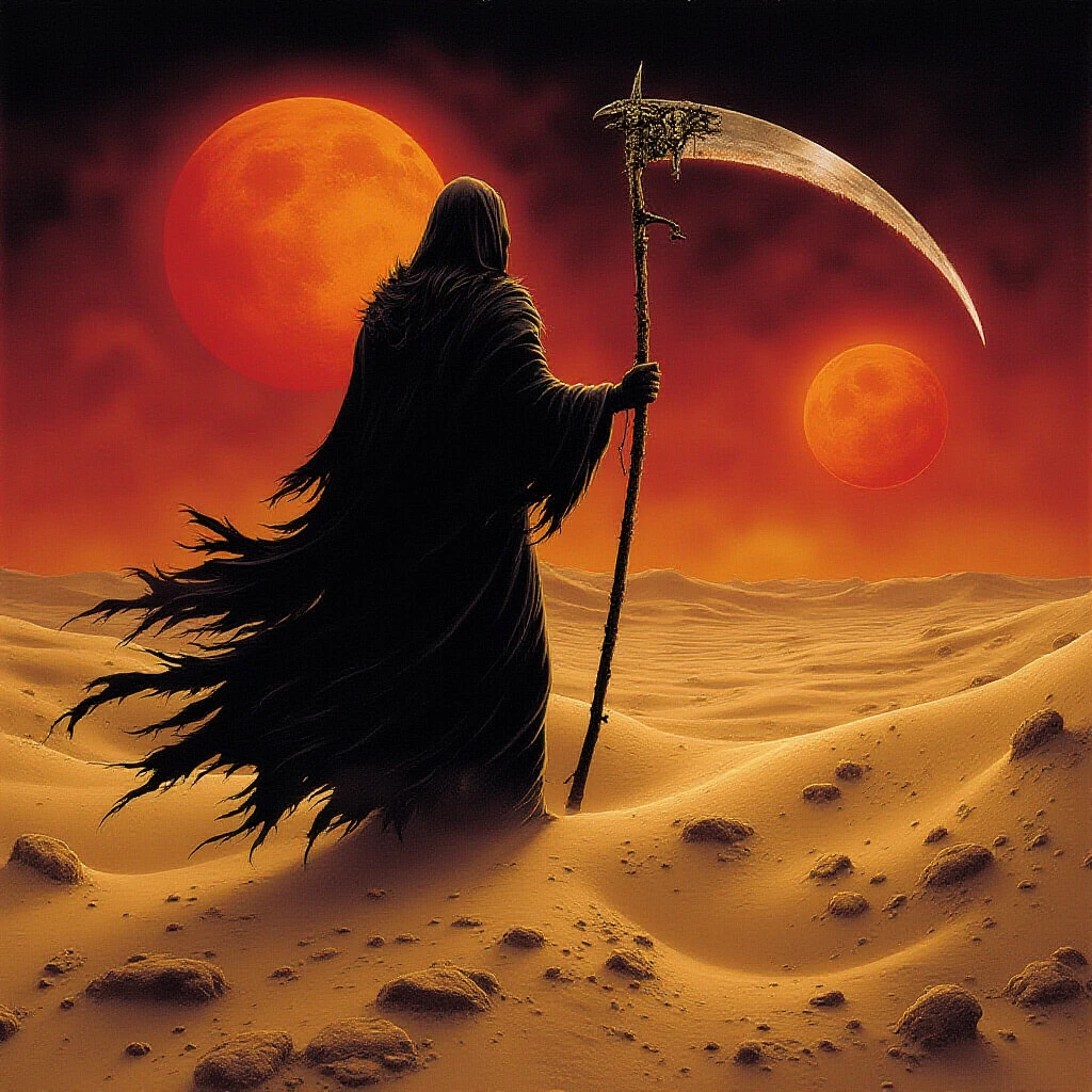 sk11ll, an rock or metal album cover heavy stylized of the grim reaper walking through lonely sand dunes, two suns side view, wide shot, far away