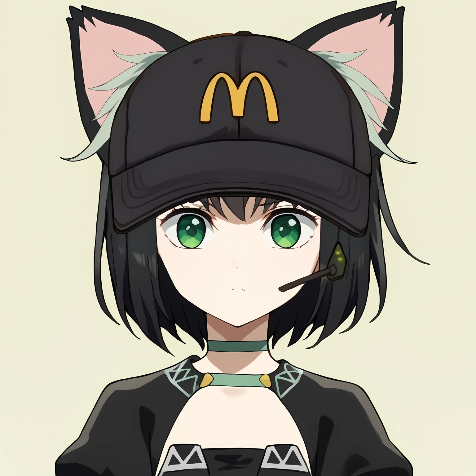 score_9, score_8_up, score_7_up,source_anime,
BREAK
1girl, solo,
<lora:shiTamaV1:0.8>, tamadef, short hair, black hair, multicolored hair,
green eyes, cat tail, cat ears, animal ears, 
choker, black dress, 
<lora:shimcdonaldV1:1>, portrait, mchat, headset, meme, upper body, 
looking at viewer, expressionless, simple background,