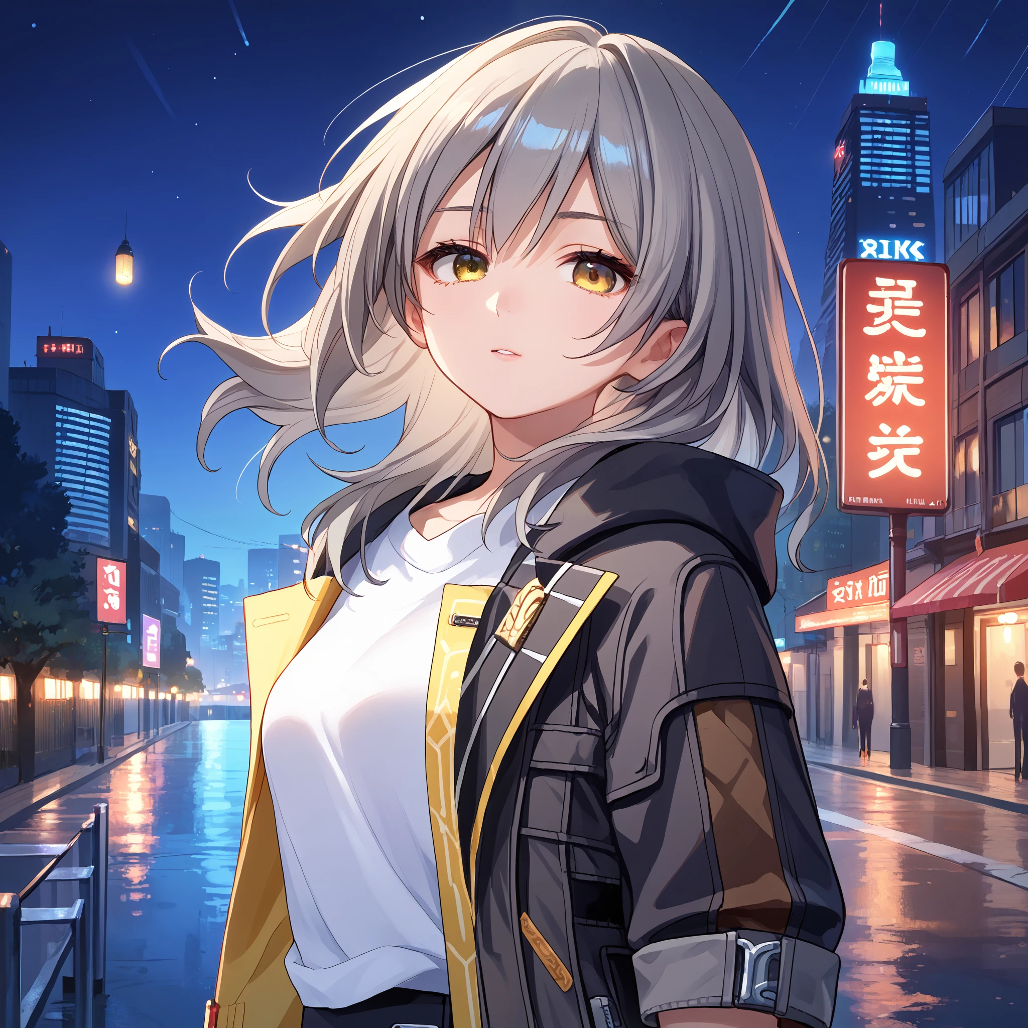 score_9, score_8_up, score_7_up, score_6_up, score_5_up, score_4_up, BREAK source_anime, look at viewer, rating_safe, 1girl, solo, outdoors, night, city, close up,  masterpiece, best quality, high detailed skin,  stelle \(honkai: star rail\), stelle def, medium hair, grey hair, yellow eyes, black jacket, open jacket, jacket, coat, white shirt, black gloves,