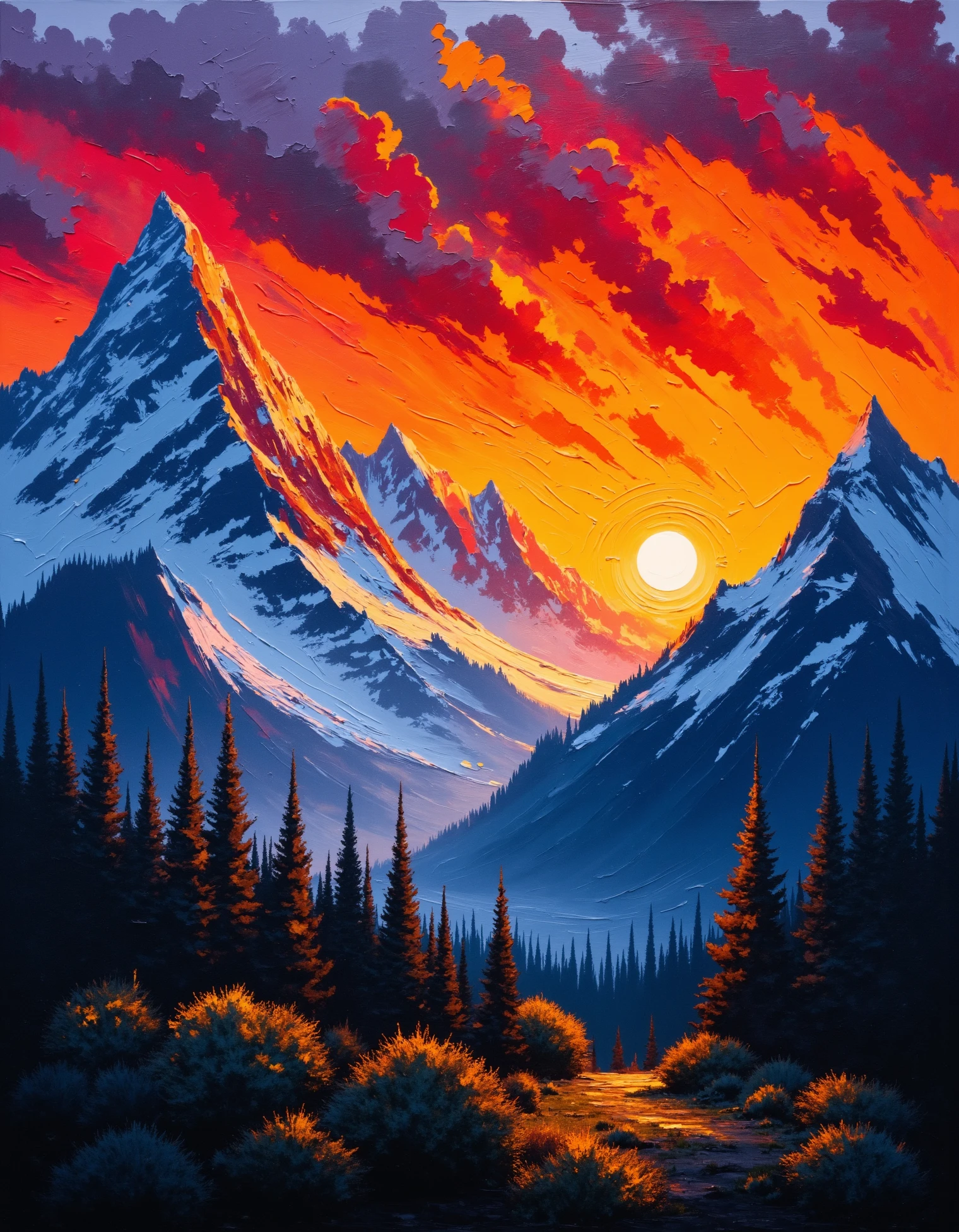 zavy-rghpnt, A rugged mountain range towers under a vibrant, fiery sunset, casting long shadows across the valley below. The peaks are jagged and snow-capped, while thick clouds swirl around them, catching hues of orange and purple. The artist's thick brush strokes give a textured, almost tangible quality to the clouds and snow. The sky is layered with streaks of bright reds, oranges, and deep purples, blending chaotically. In the foreground, dense forests are depicted in dark green and brown, their textures built up by heavy strokes of paint, adding depth and ruggedness to the scene