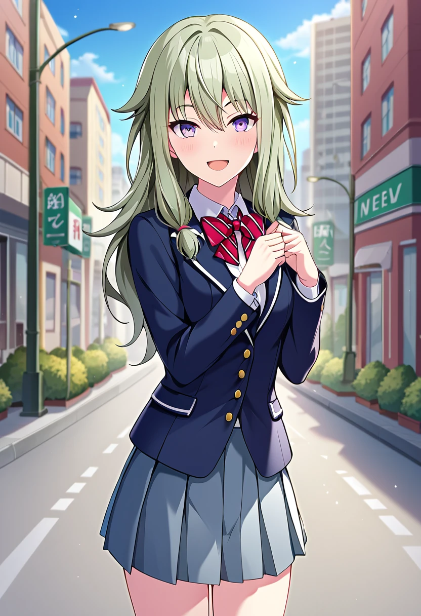 kusanagi_nene, long hair, green hair, purple eyes, school uniform, jacket,  blush, skirt, bow, bowtie, shirt, white shirt, blazer, red bow, long sleeves, pleated skirt, blue blazer, collared shirt, plaid neck ribbon, sidelocks, official art, BREAK outside, city street, BREAK looking at viewer, sexy face, sexy smile, open mouth, cowboy shot BREAK score_9, score_8_up, score_7_up, source_anime ,zPDXL, perfect hand, <lora:Kusanagi_Nene:0.8>