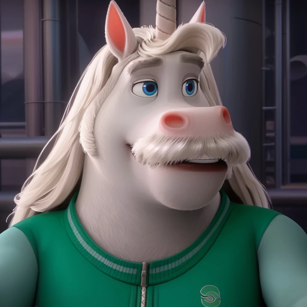 1boy, male, solo, anthropomorphic unicorn, light blue eyes, white unicorn, long blonde mane, pink snout, bushy white mustache, unicorn horn, green sports jacket, zipper jacket, logo on chest, anthropomorphic character, big expressive eyes, pointed ears, animated character, cartoon unicorn, long white tail, 4k, masterpiece, best quality, highly detailed, detail background, runs energetically, his long mane and tail flowing behind him. The background is a magical forest with vibrant purple and blue plants and glowing fireflies