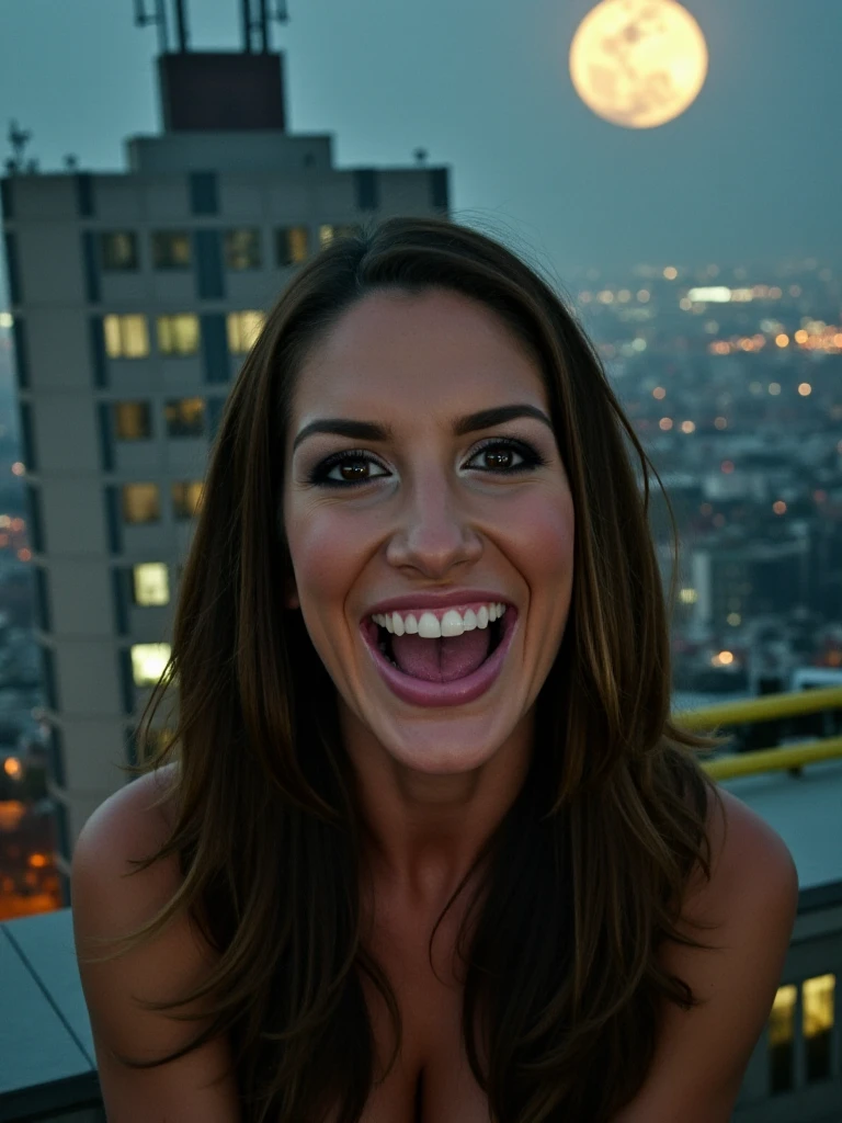 <lora:AugustAmesQuiron_FKUX-000001:1.2> AugustAmesQuiron, a close up of a woman with long brown hair smiling horror style, backrooms level, top of an impossibly tall skyscraper. The rooftop stretches endlessly, with an eerie, moonlit cityscape disappearing into a foreboding fog. Crumbling walls surround you, and rusted antennas sway precariously. Ghostly gusts of wind send unsettling whispers through the empty air, and the distant echoes of sirens create an eerie ambiance. There are no guardrails, and the rooftop seems to extend into infinity, making each step a perilous journey on the precipice of an endless void. , text "QUIRON" in bold ,