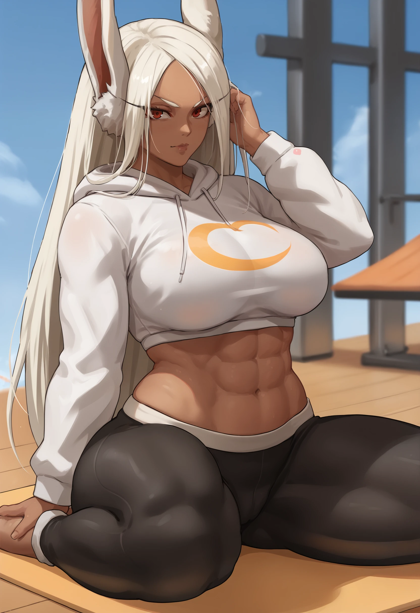 score_9, score_7_up, <lora:zeroqrisu-guy-PONY-DORAv1:1>, 1girl, solo, black pants, yoga pants, crop top, hoodie, long sleeves, presenting, large breasts, mature female, mirko, wide hips, depth of field