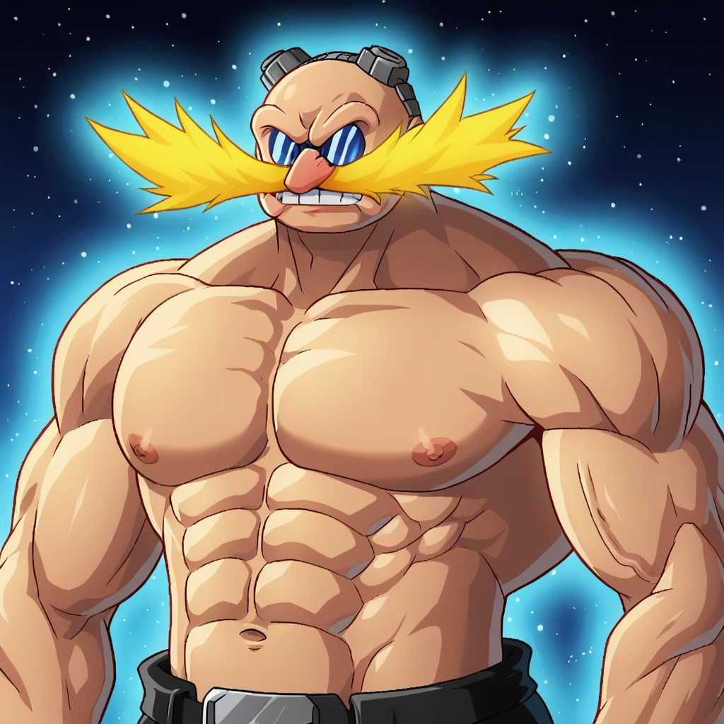 score_9_up, score_8_up, BREAK, SuperEggman, 1boy, solo, bald, glowing mustache, goggles, topless male, muscular, upper body,  aura, <lora:SuperEggman_SonicTheHedgehog_PXL_Leaf:0.8> , light particles, starry sky,