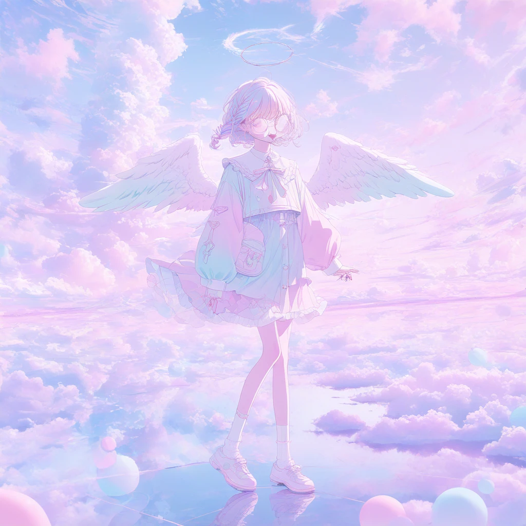 pink nails, round eyewear, cloudy sky, tongue out, long sleeves, braid, scenery, angel wings, pastel colors, socks