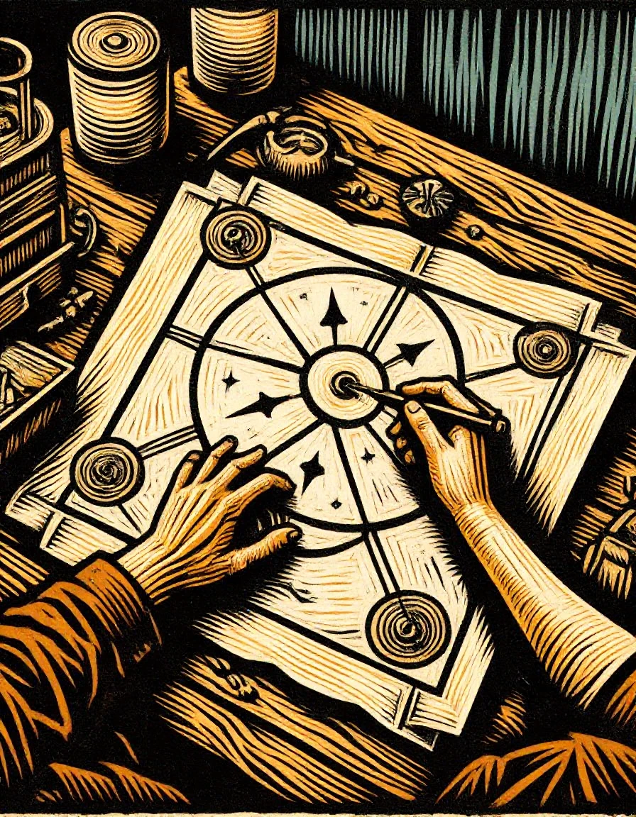 Woodblock print of a top-down view of two hands on a parchment treasure map elaborately drawn and annotated with a dark attic rustic tabletop background