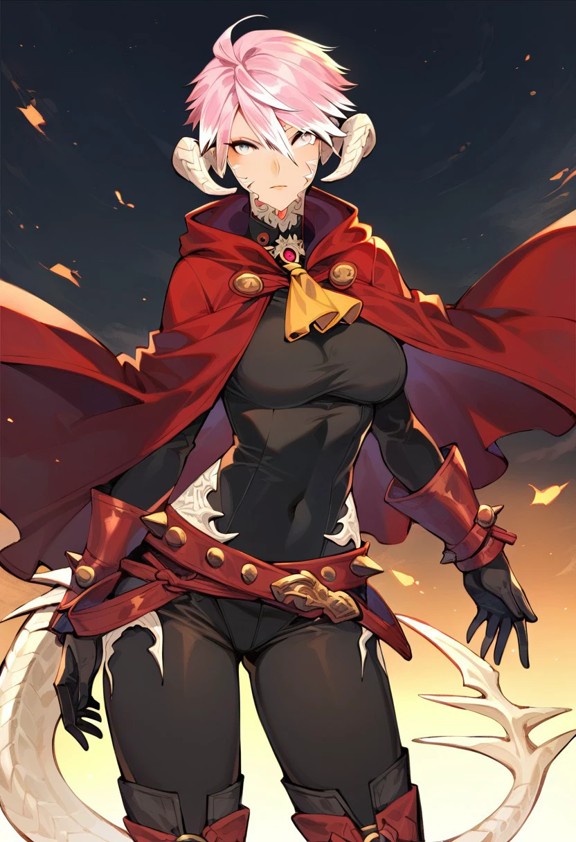 score_9, score_8_up, score_7_up, 1girl, solo, Au Ra, dragon girl, grey eyes, short hair, pink hair, light skin, large perky breasts, toned, horns, white scales, spiked tail, white highlights, full bodysuit, black bodysuit, red cloak, red sleeves, black gloves yellow ascot, thigh high boots, black boots, tassel belt, cowboy shot,