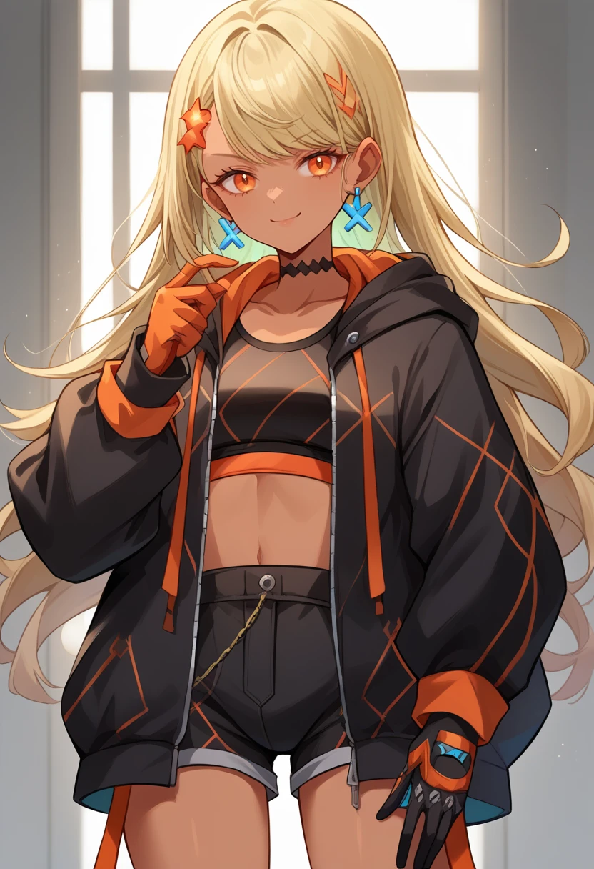 score_9, score_8_up, source_anime, 1girl, solo, QpiOriginal, orange eyes, dark skin, blonde hair, long hair, swept bangs, flower hairclip, blue earrings, black choker, hooded jacket, two-tone gloves, black gloves, orange gloves, black sports bra, black shorts, very short shorts, knee boots, standing, indoors, smug, smile, <lora:ChamKaminariQpiPonyXL:1>