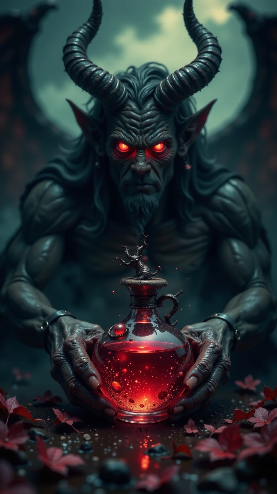 dark fantasy, eerie, horror, small centered composition, product shot, plain background, wallpaper art, in the center is an image of a gorgeous elegant ("The Potion of Evil":1.3) , mystical, dark fantasy atmosphere, a giant demon in the background looking with his glowing red eyes on the potion, dark, Sharp and in focus, , dynamic composition, dynamic background, stunning, dynamic dramatic beautiful full taking,<lora:Flux Darkfantasy_epoch_1:1>,