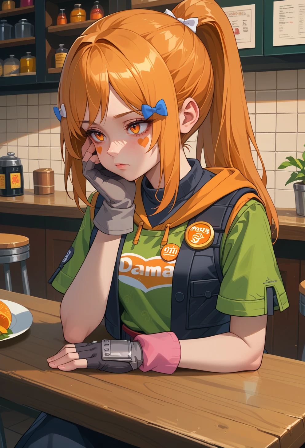 score_9, score_7_up, source_anime, solo, BREAK  <lora:AEHeddy:0.7> AEHeddy, orange eyes, orange hair, long hair, ponytail, sidelocks, facial mark, heart facial mark, hair bow, hair tie, hair clip, blue bow, white bow, hoodie, black skirt, black vest, green shirt, short sleeves, black gloves, fingerless gloves, grey gloves, apron, badge, red belt, long skirt, pink socks, black footwear, boots, 
bored, leaning on table, head rest, hand on own face, counter,